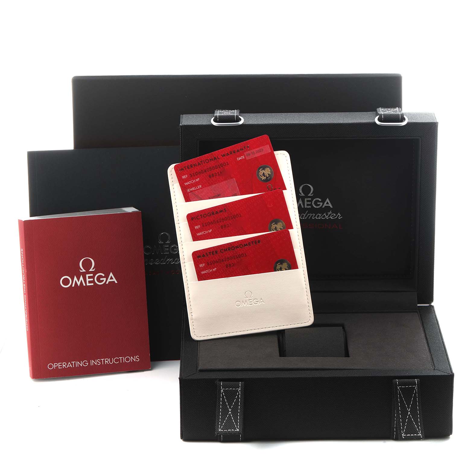 The image shows an Omega Speedmaster 310.60.42.50.01.001 Men
s Rose Gold Black Dial 310.60.42.50.01.001 Men
s Rose Gold Black Dial watch box, a warranty card holder with three red cards, and an operating instructions manual.