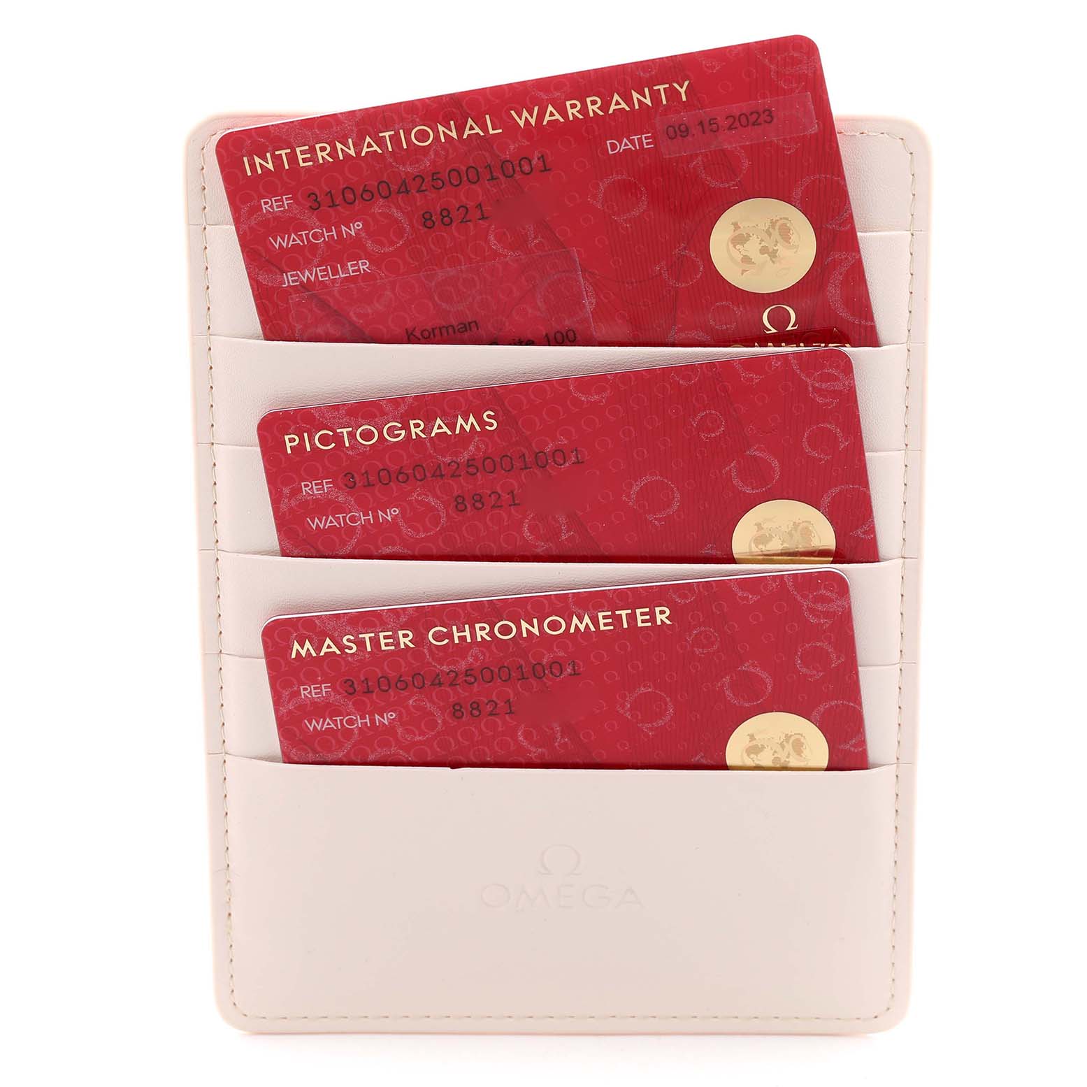 The image shows Omega Speedmaster 310.60.42.50.01.001 Men
s Rose Gold Black Dial 310.60.42.50.01.001 Men
s Rose Gold Black Dial
s warranty, pictograms, and chronometer cards held in a card case.