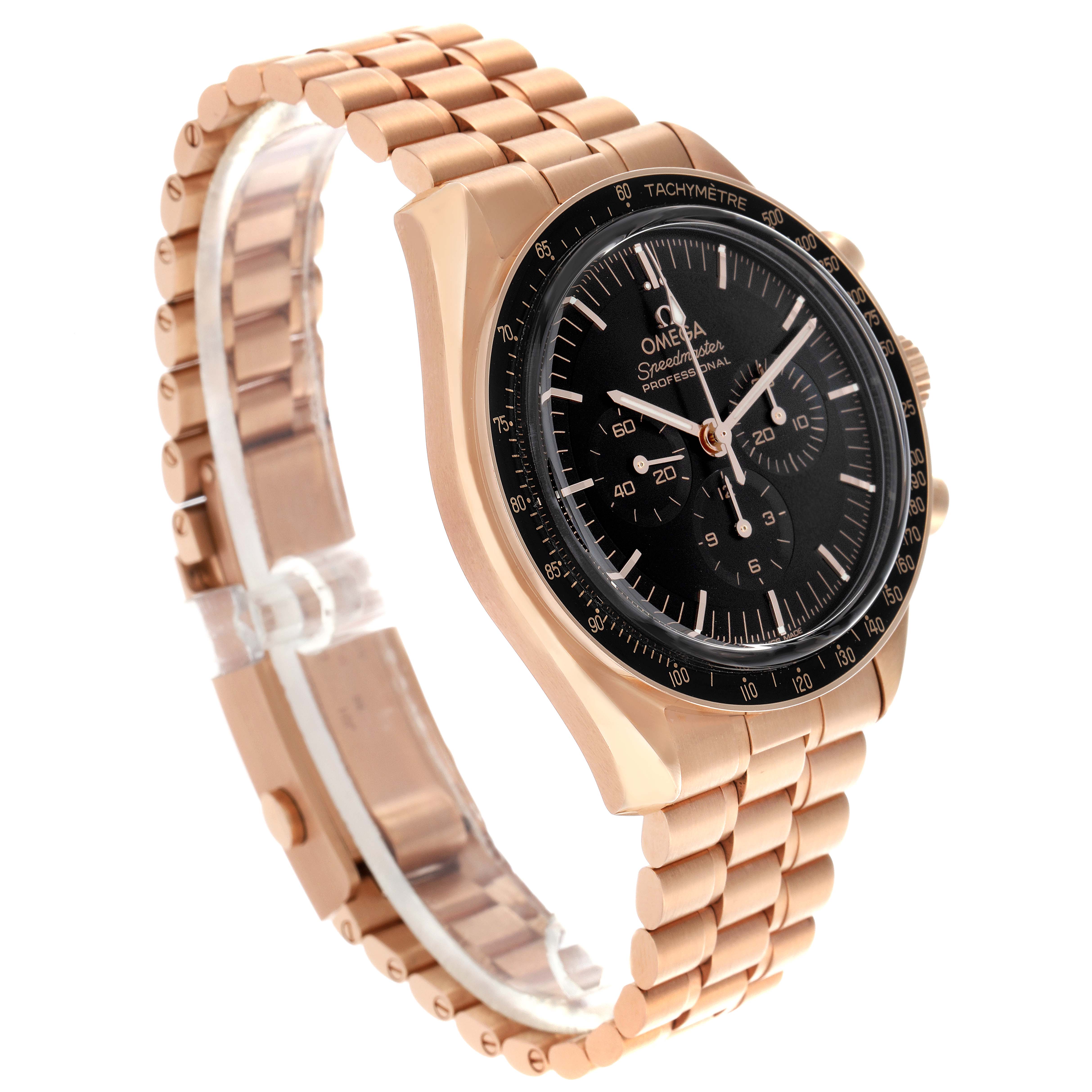 The image shows an Omega Speedmaster 310.60.42.50.01.001 Men
s Rose Gold Black Dial 310.60.42.50.01.001 Men
s Rose Gold Black Dial watch at a three-quarter angle, highlighting the face, dial, bezel, and bracelet.