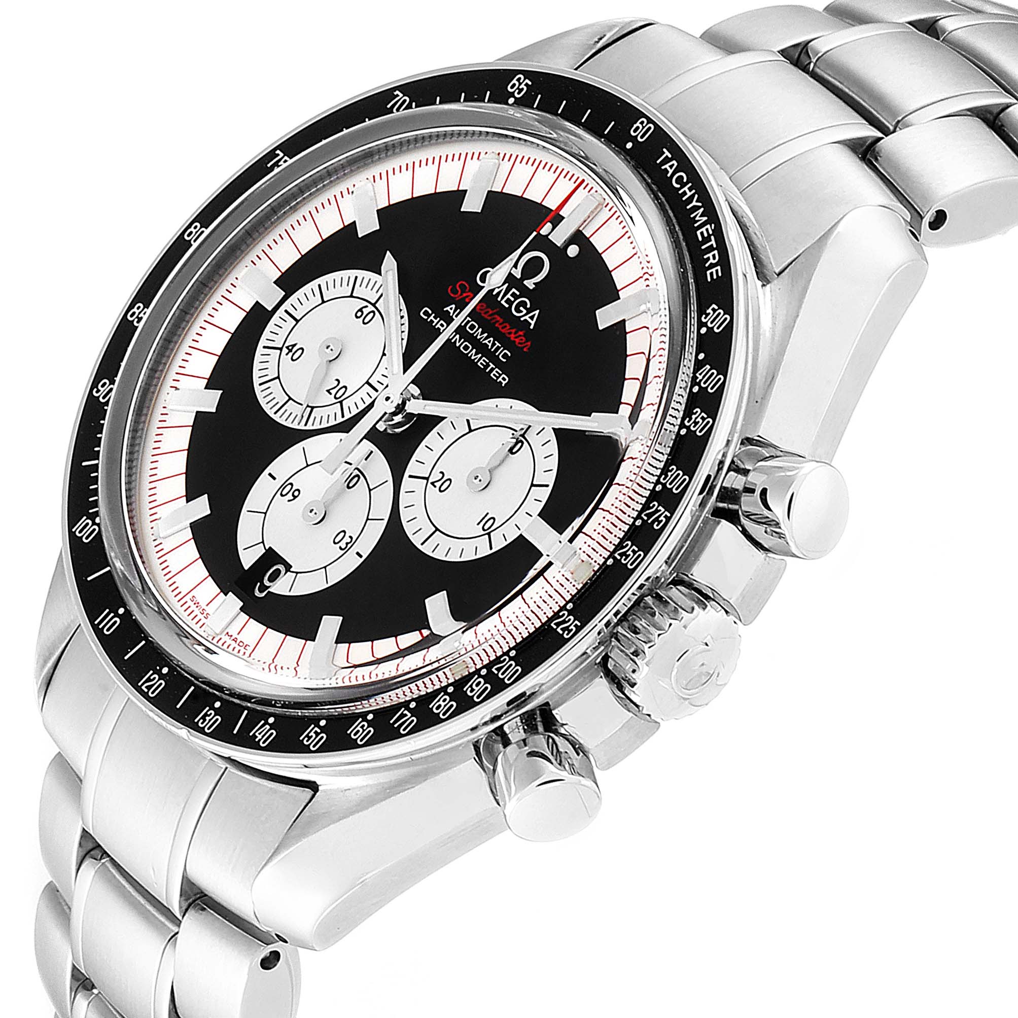 The image shows an angled view of an Omega Speedmaster 3507.51.00 Men
s Stainless Steel Black Dial 3507.51.00 Men
s Stainless Steel Black Dial watch, highlighting its dial, tachymeter, crown, and bracelet.