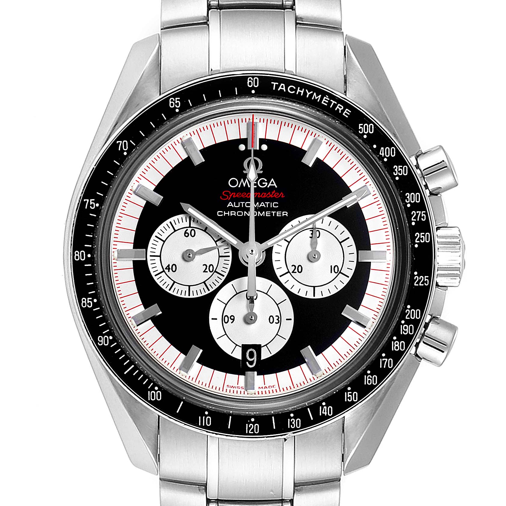This image shows a front view of an Omega Speedmaster 3507.51.00 Men
s Stainless Steel Black Dial 3507.51.00 Men
s Stainless Steel Black Dial watch, highlighting the dial, sub-dials, bezel, and metal bracelet.