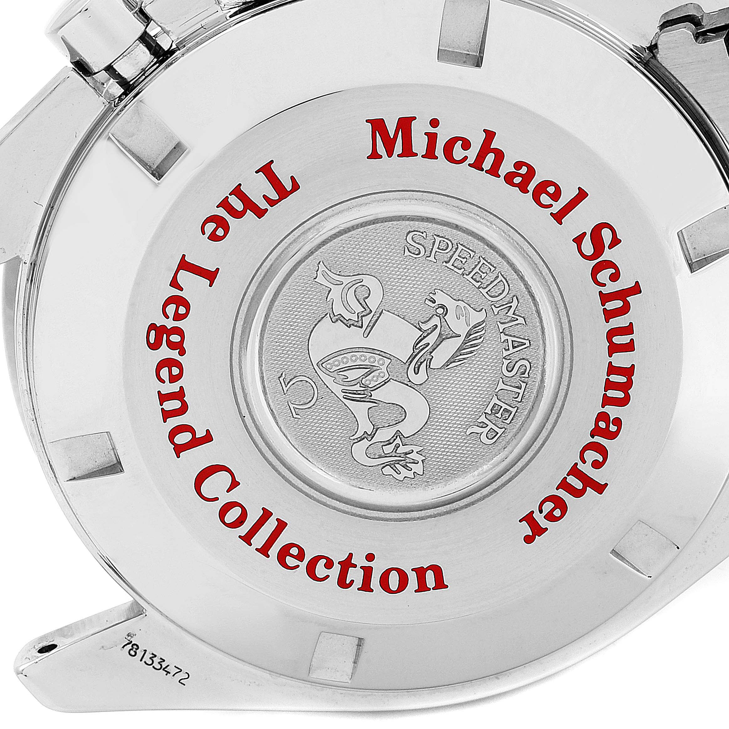 This is the case back of an Omega Speedmaster 3507.51.00 Men
s Stainless Steel Black Dial 3507.51.00 Men
s Stainless Steel Black Dial Michael Schumacher "The Legend Collection" watch.