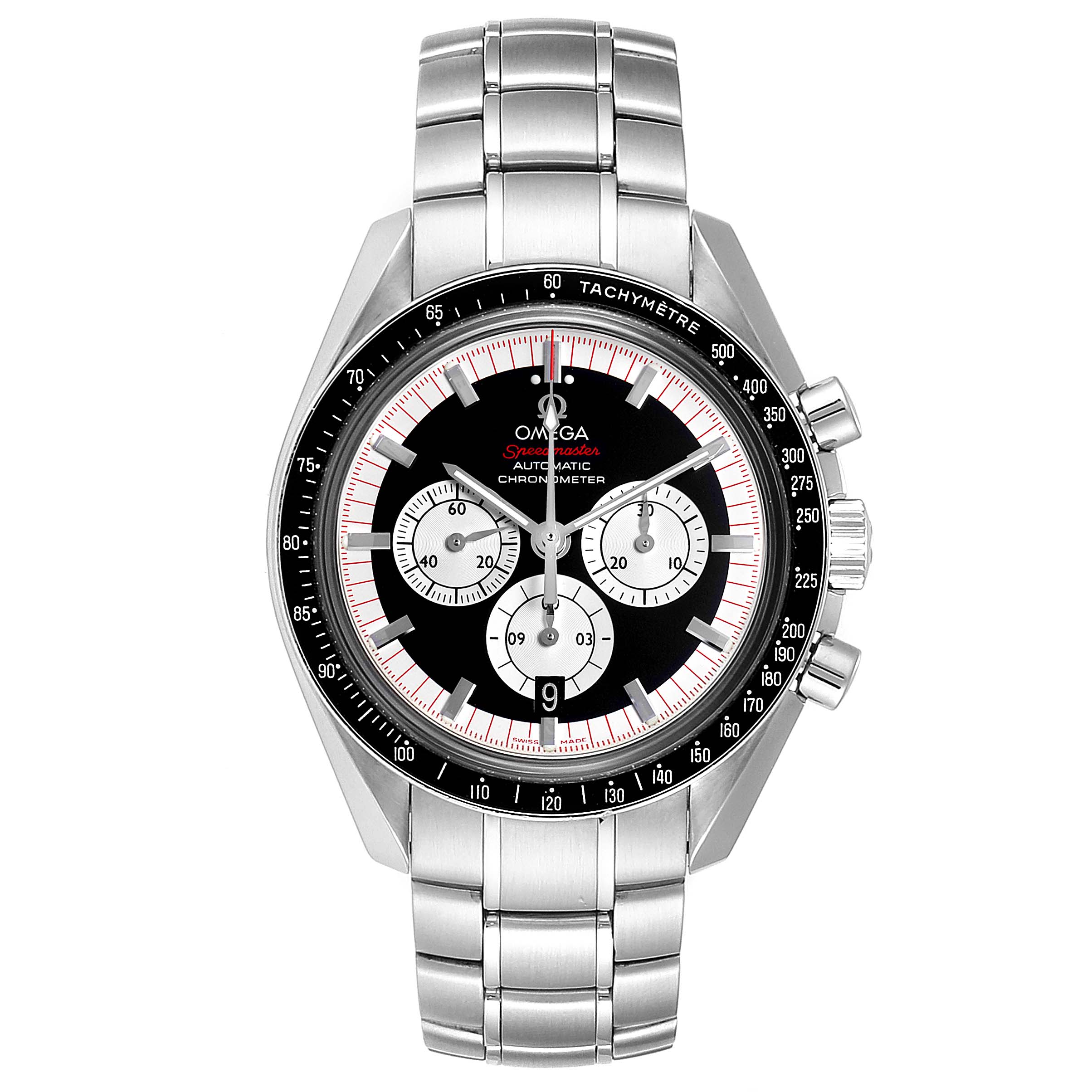 The Omega Speedmaster 3507.51.00 Men
s Stainless Steel Black Dial 3507.51.00 Men
s Stainless Steel Black Dial watch is shown from a front angle, displaying the face, bezel, and metal bracelet.