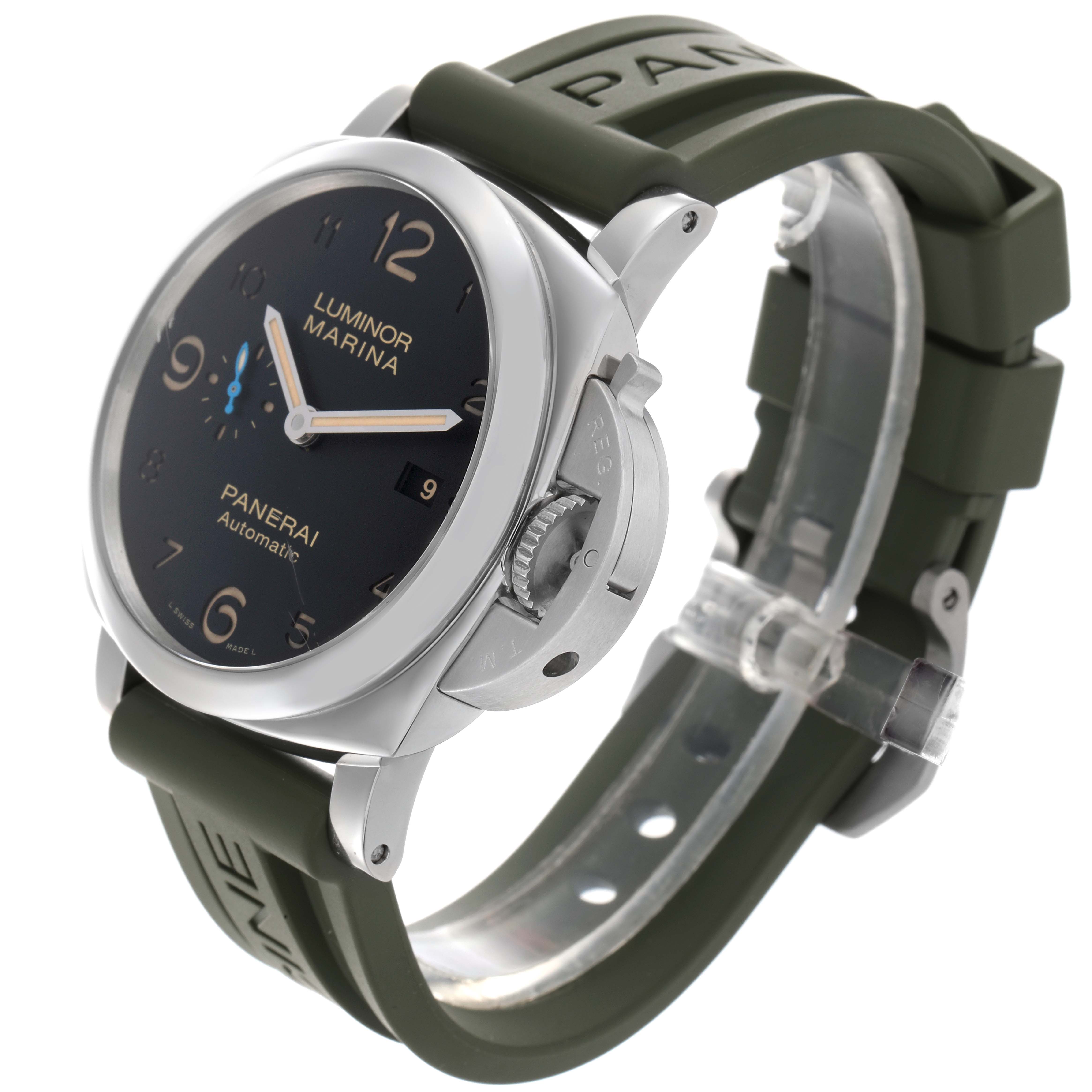 The Panerai Luminor PAM01359 Men
s Stainless Steel Black Dial PAM01359 Men
s Stainless Steel Black Dial watch is shown at a three-quarter angle, featuring its face, crown guard, and green rubber strap.