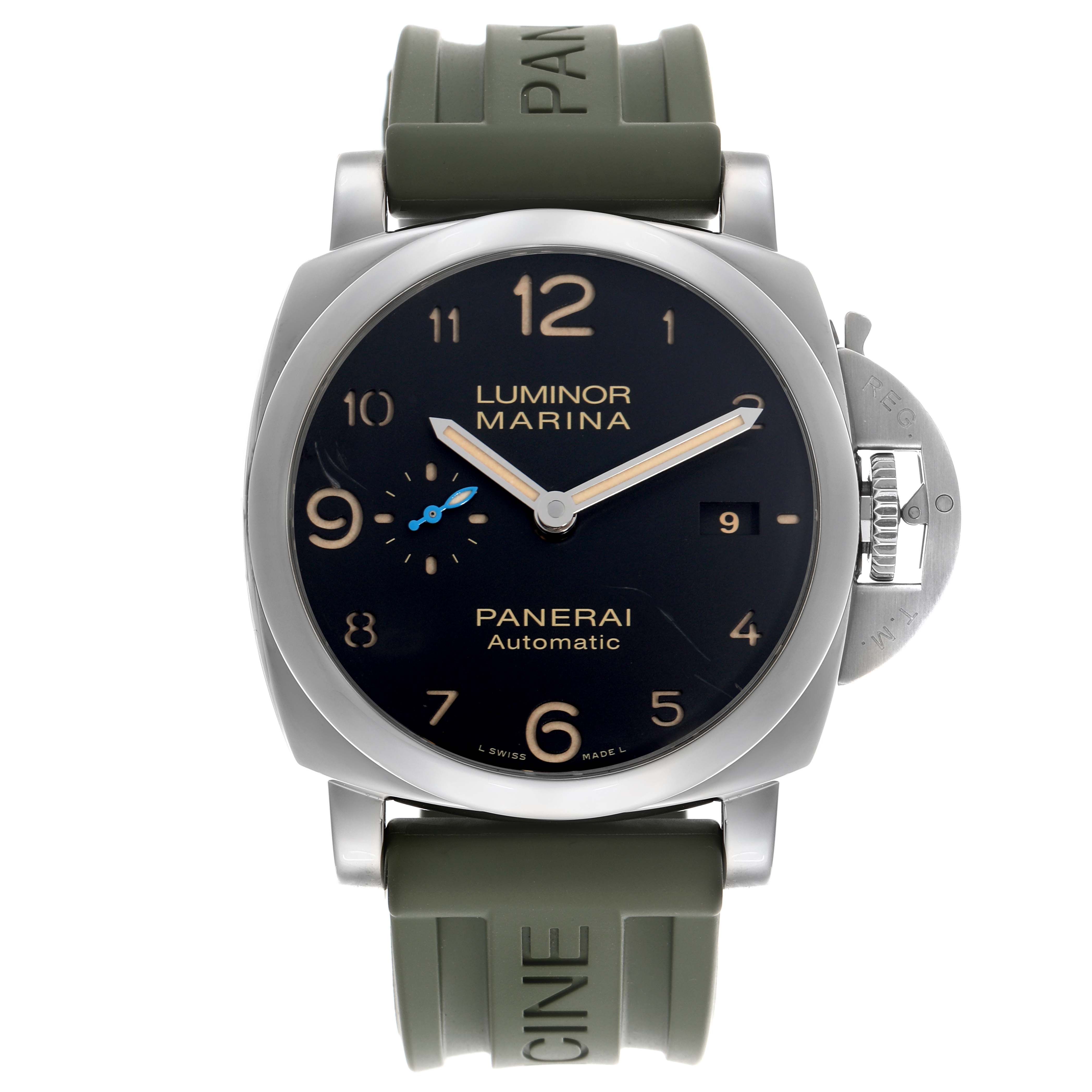 The Panerai Luminor PAM01359 Men
s Stainless Steel Black Dial PAM01359 Men
s Stainless Steel Black Dial watch is shown from the front, highlighting the dial, hands, crown guard, and rubber strap.