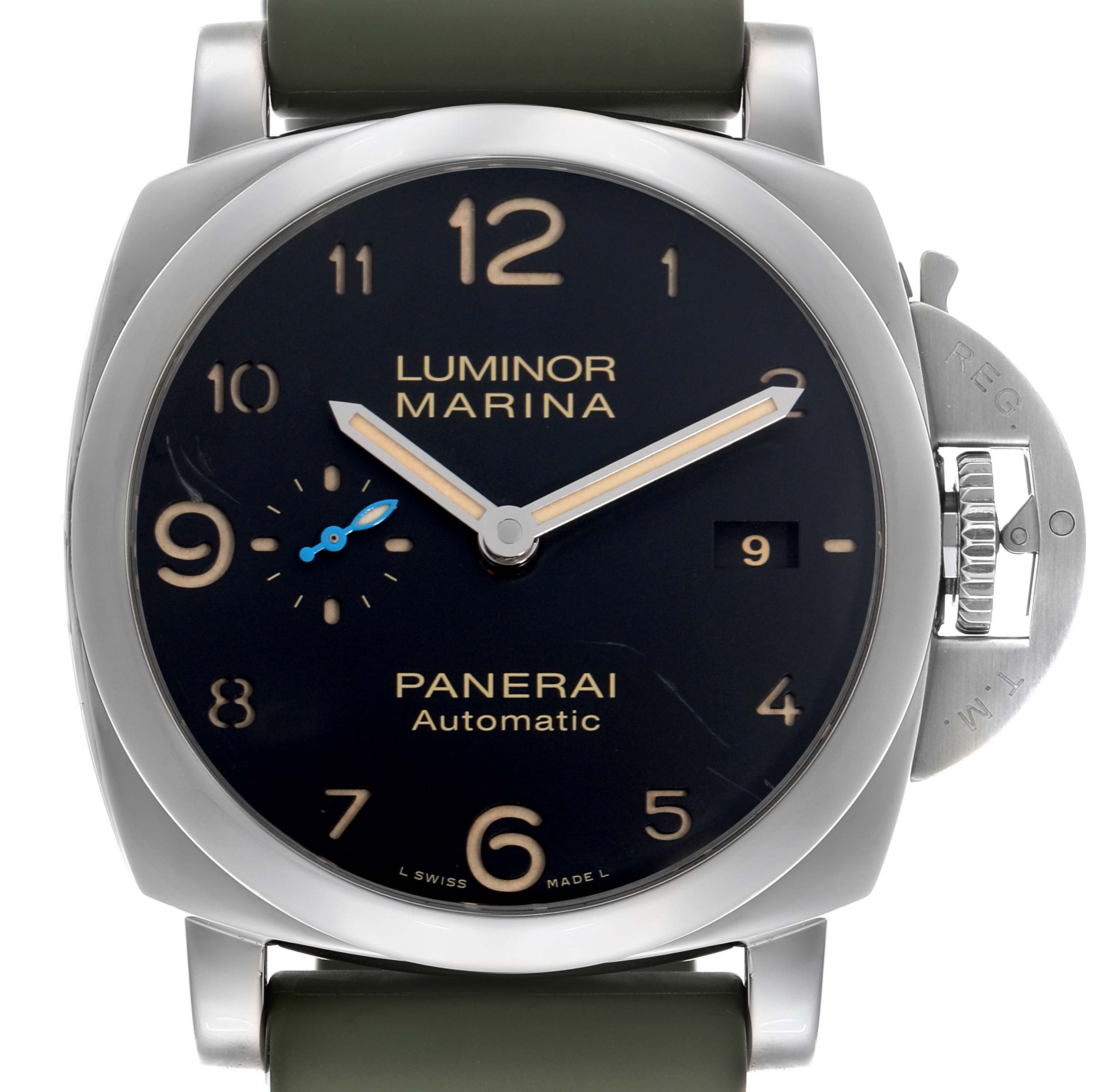 The Panerai Luminor PAM01359 Men
s Stainless Steel Black Dial PAM01359 Men
s Stainless Steel Black Dial watch is shown from the front, displaying the dial, crown guard, and strap.