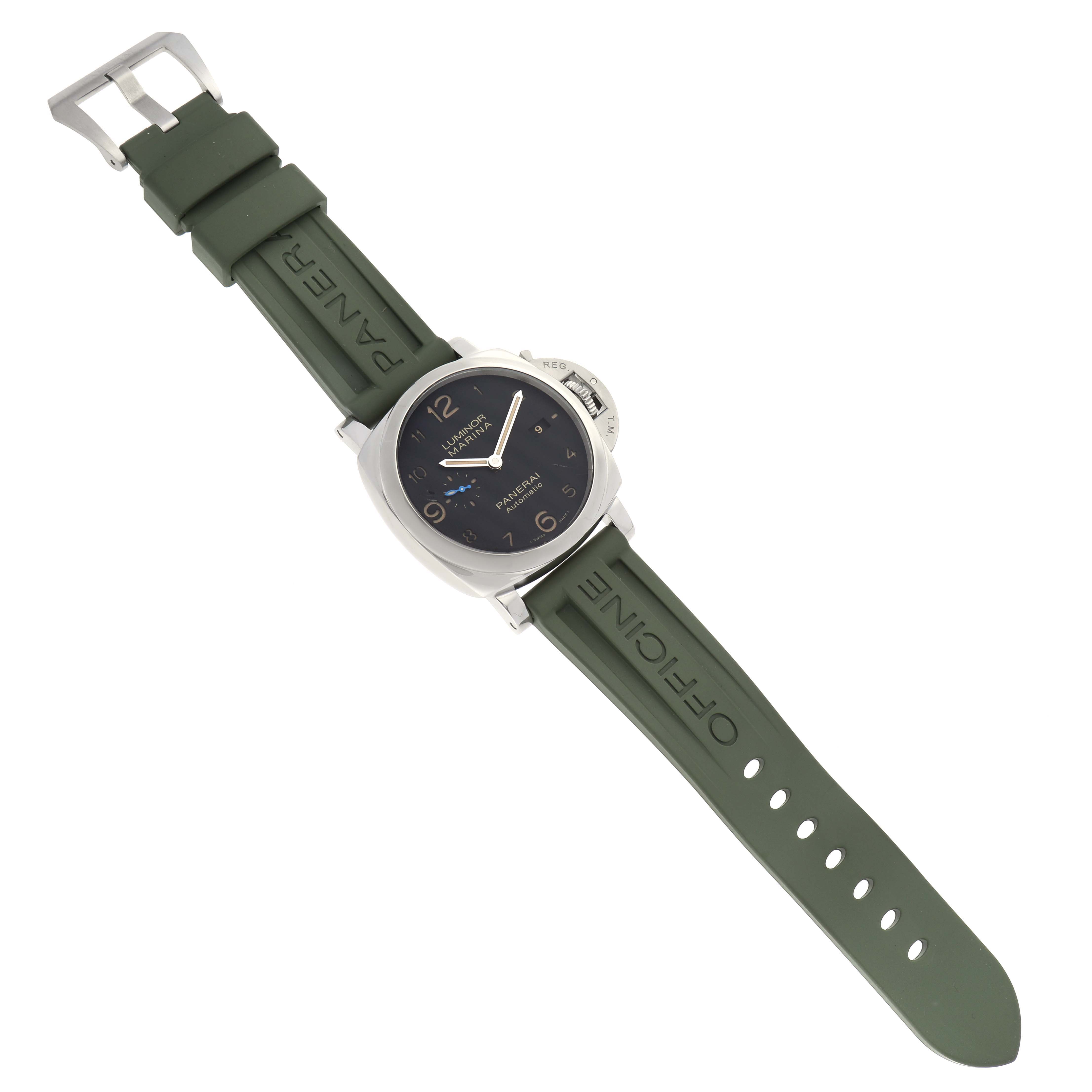 The image shows a Panerai Luminor PAM01359 Men
s Stainless Steel Black Dial PAM01359 Men
s Stainless Steel Black Dial watch from a top angle, displaying its green strap, case, crown guard, and face.