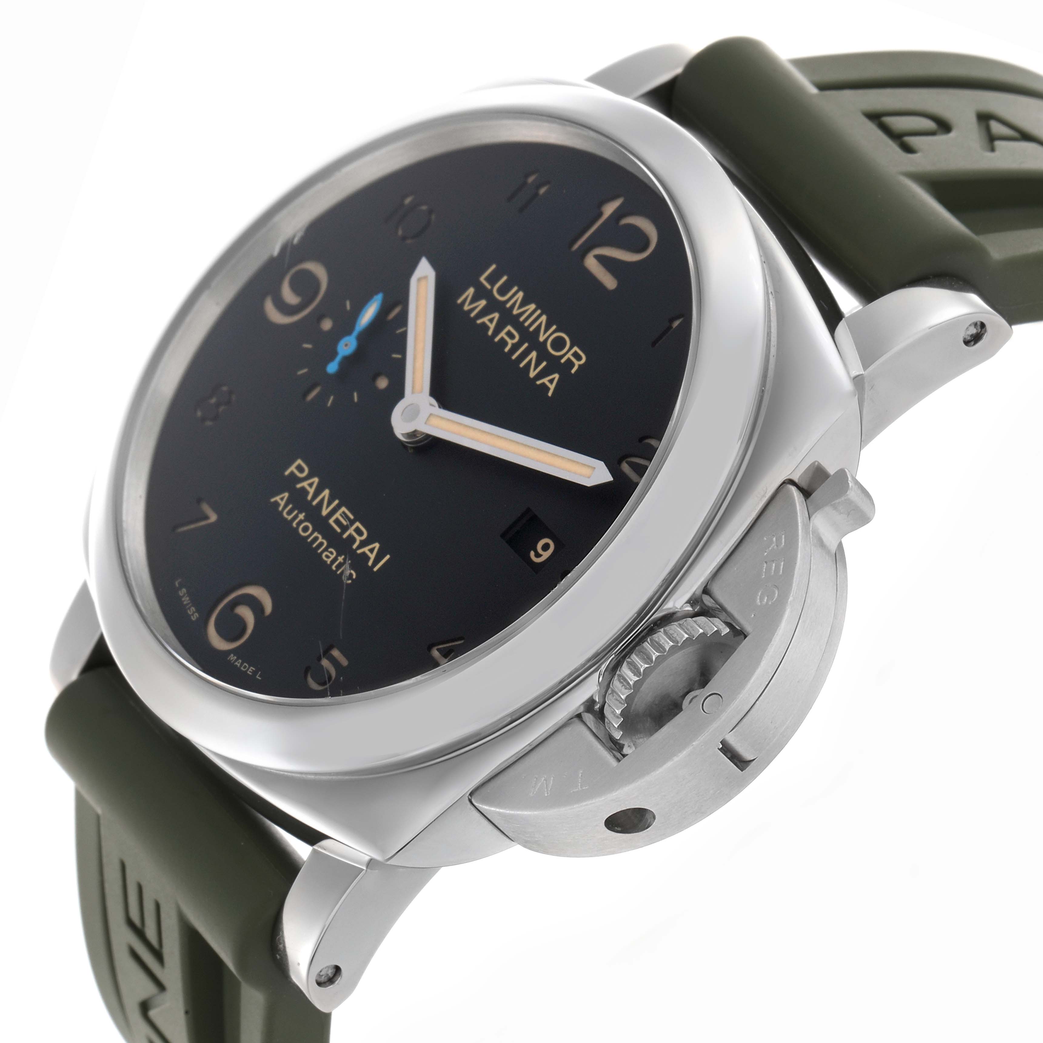 The Panerai Luminor PAM01359 Men
s Stainless Steel Black Dial PAM01359 Men
s Stainless Steel Black Dial watch is shown at a slight angle, highlighting the dial, crown guard, and green strap.