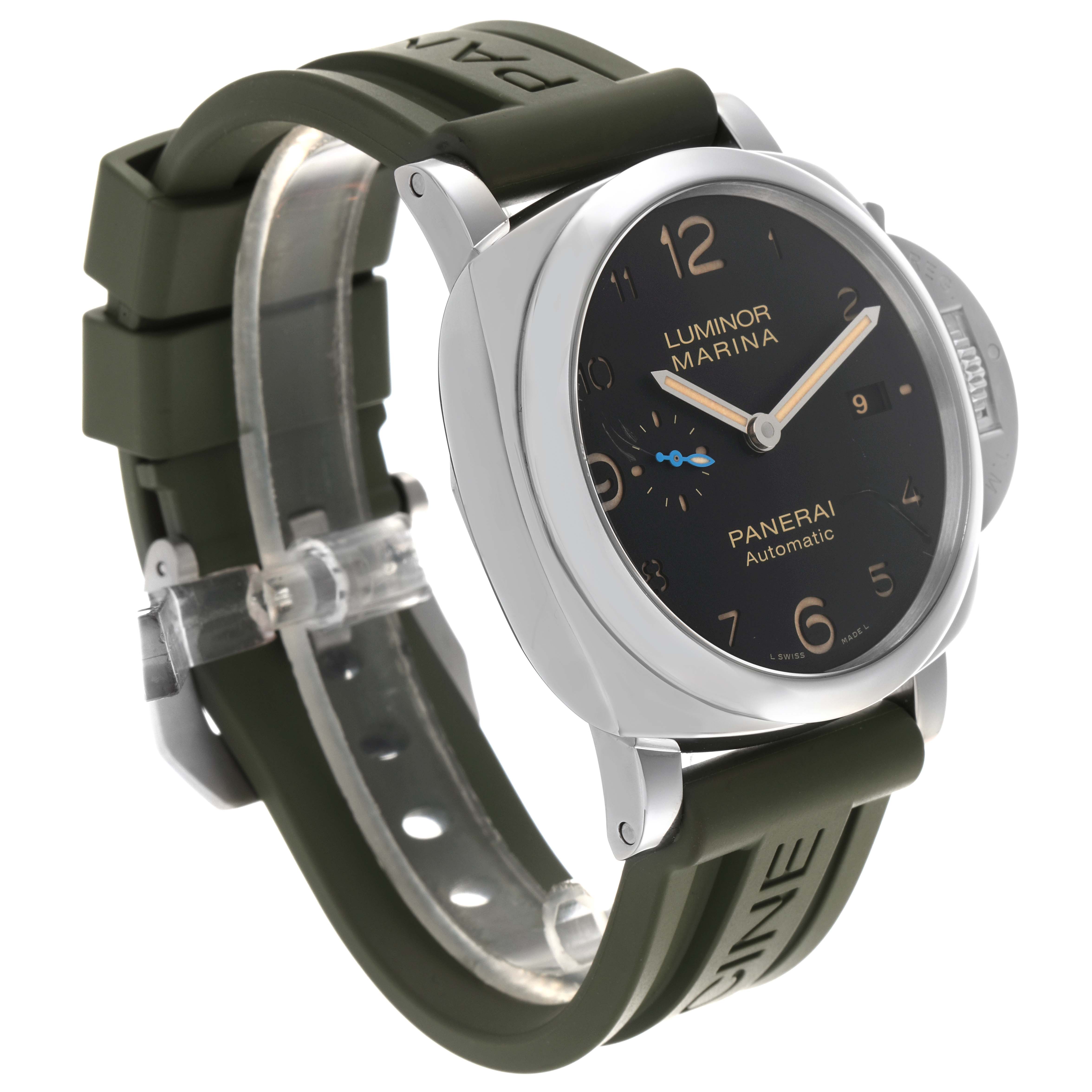 The Panerai Luminor PAM01359 Men
s Stainless Steel Black Dial PAM01359 Men
s Stainless Steel Black Dial watch is shown at a slight angle, highlighting the face, bezel, and olive green strap.