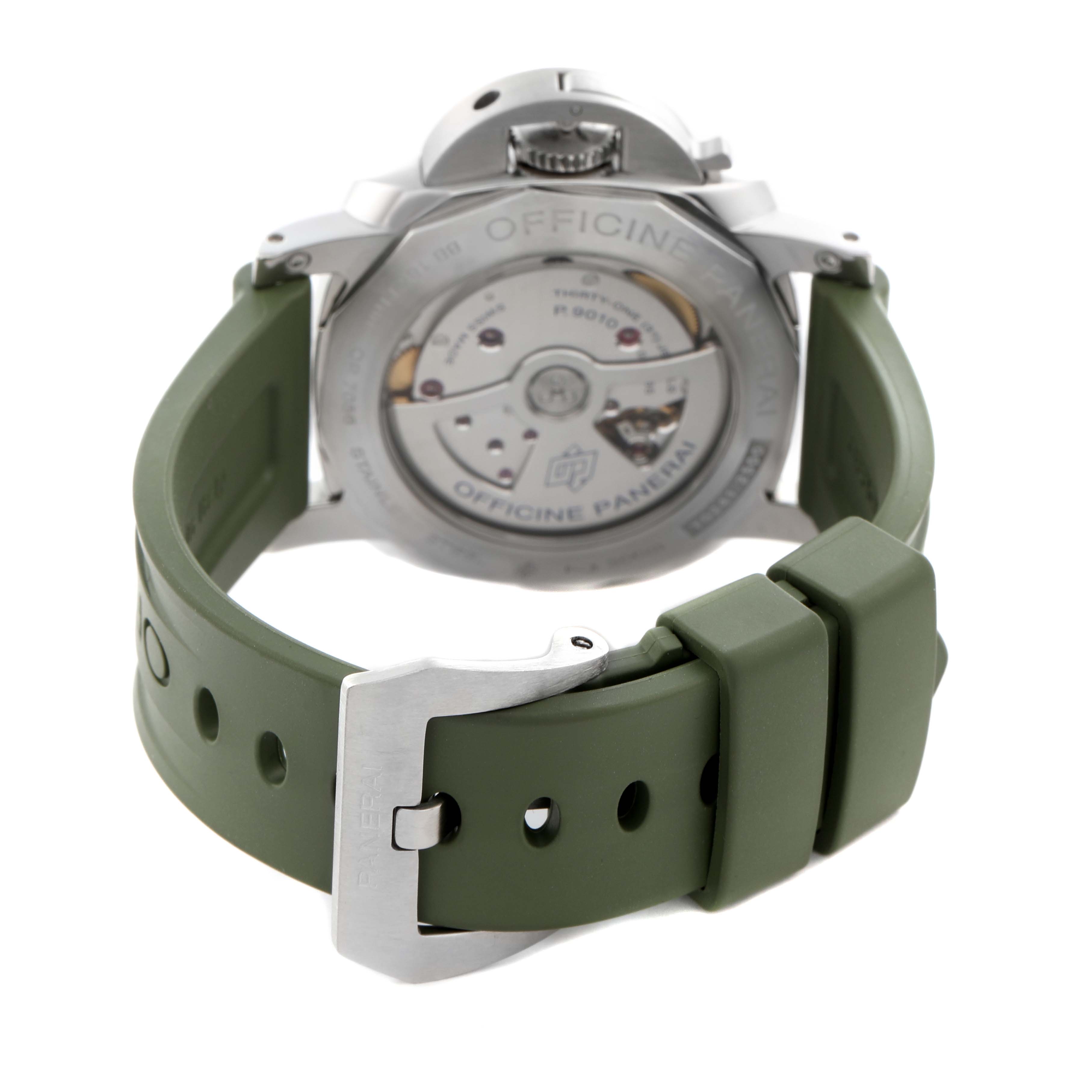 The image shows the back view of a Panerai Luminor PAM01359 Men
s Stainless Steel Black Dial PAM01359 Men
s Stainless Steel Black Dial watch, highlighting the movement and green rubber strap.