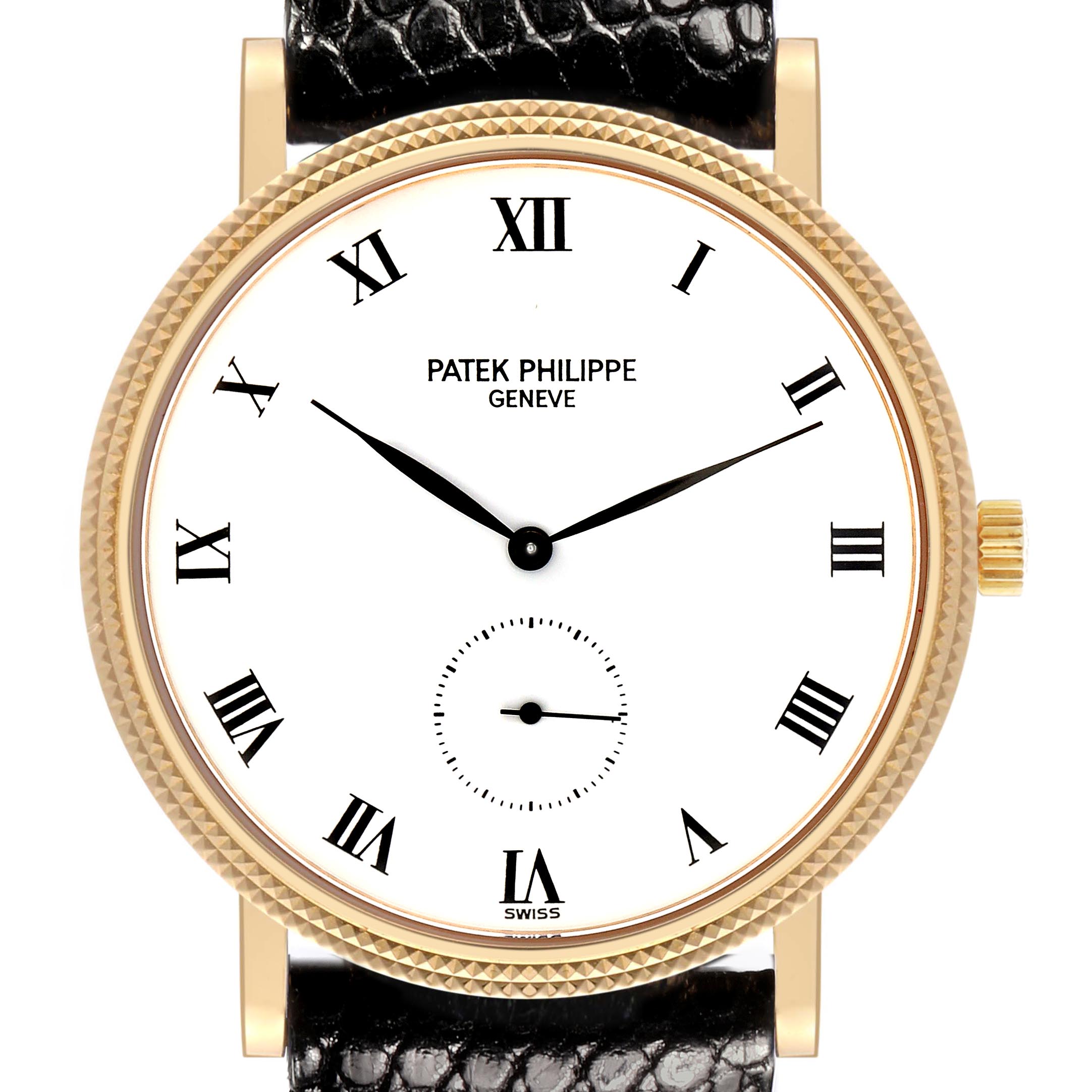 The Patek Philippe Calatrava 3919J-001 Men
s Yellow Gold White Dial 3919J-001 Men
s Yellow Gold White Dial watch is shown from a front angle, displaying its face, Roman numerals, and textured bezel.