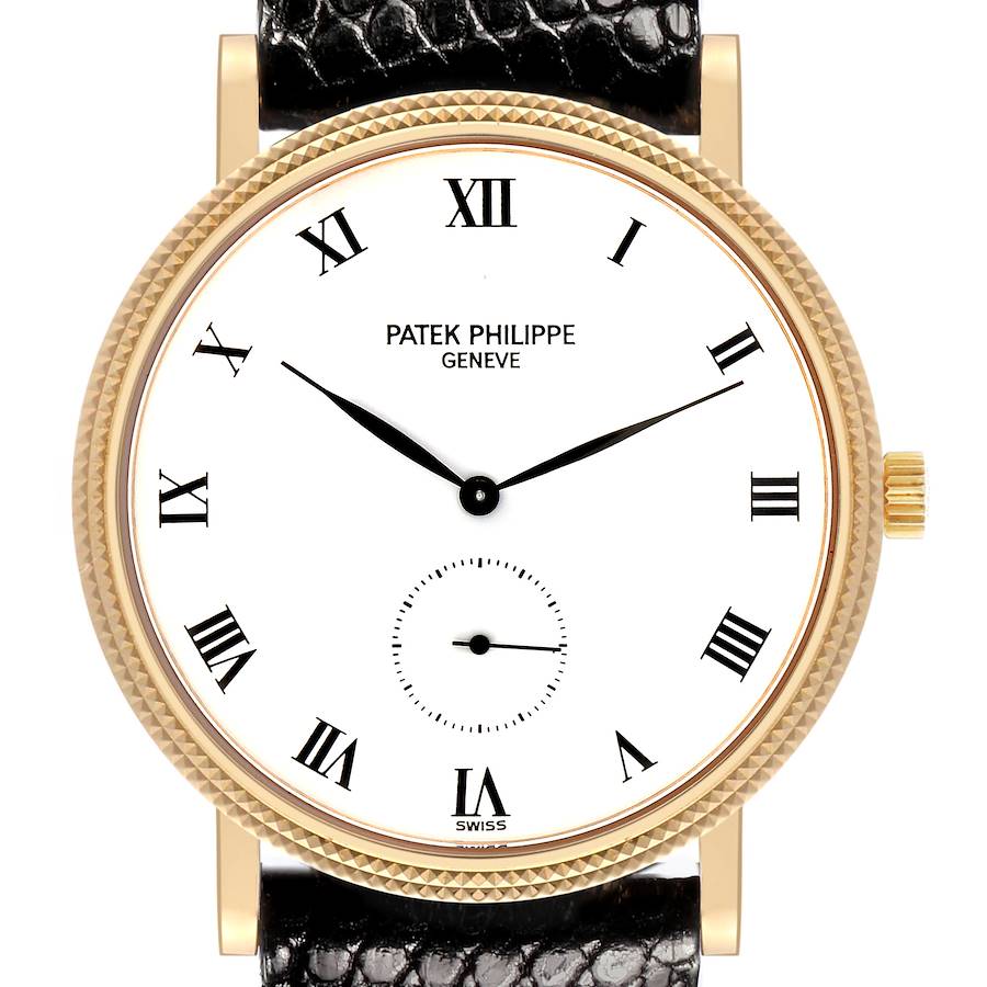 The Patek Philippe Calatrava watch is shown from a front angle, displaying its face, Roman numerals, and textured bezel.