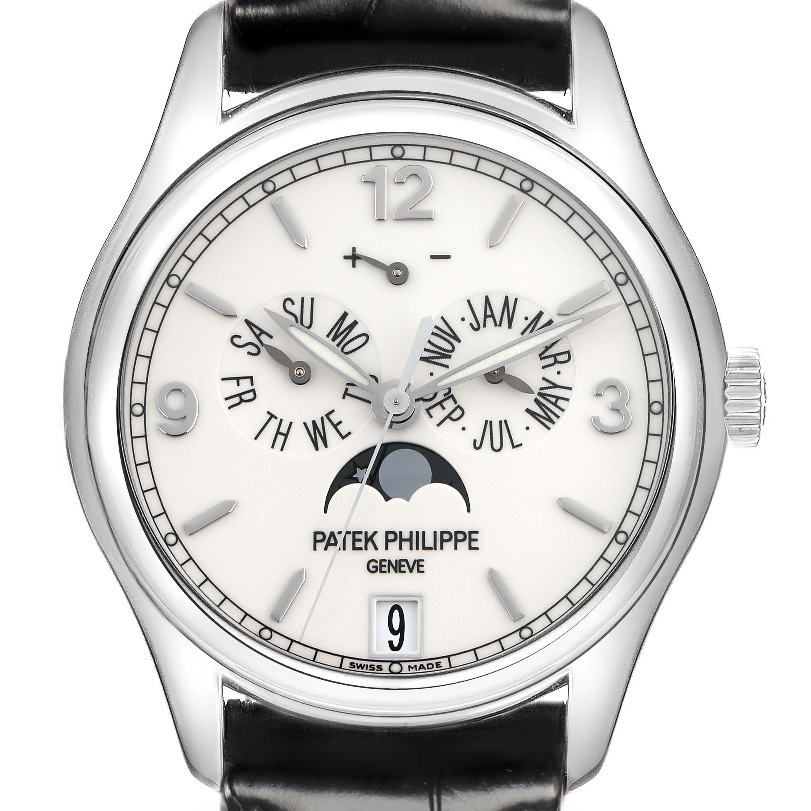 The image shows a front view of the Patek Philippe Complications 5146G Men
s White Gold White Dial 5146G Men
s White Gold White Dial watch, highlighting the dial, subdials, and moon phase.