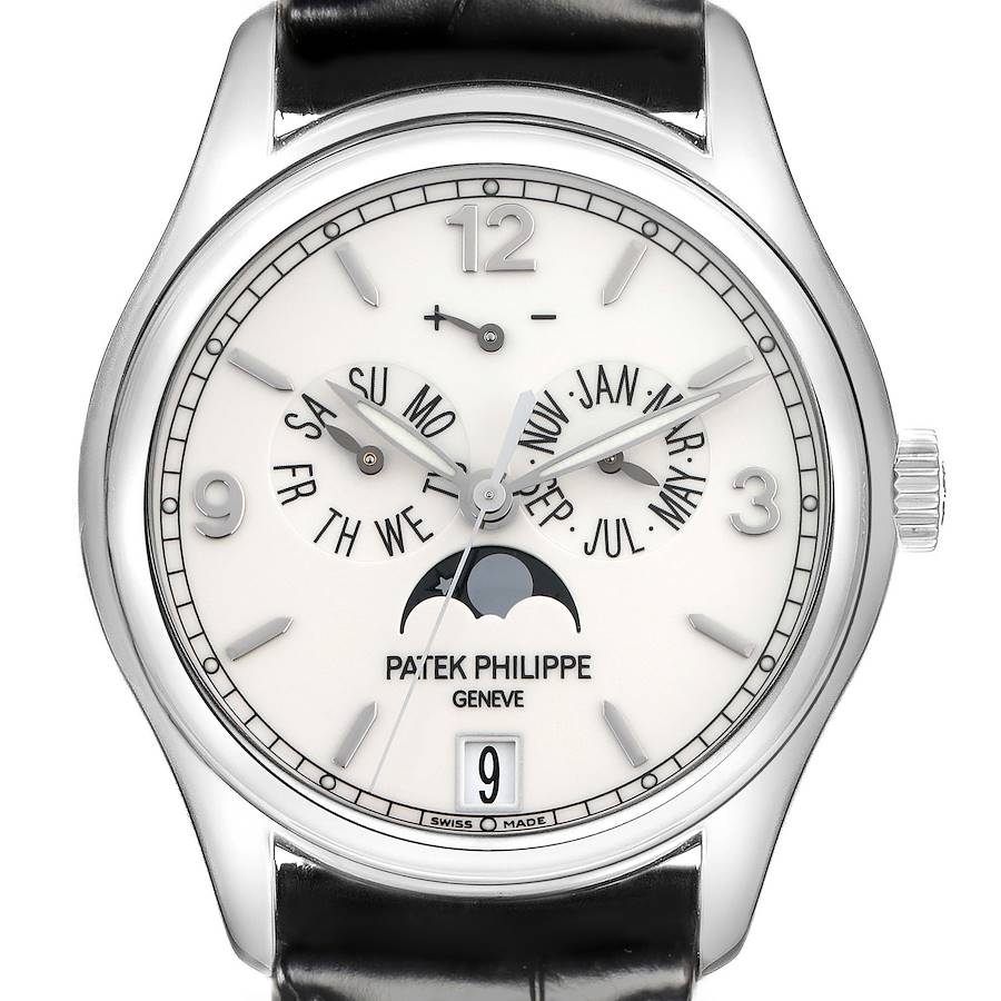 The image shows a front view of the Patek Philippe Complications watch, highlighting the dial, subdials, and moon phase.