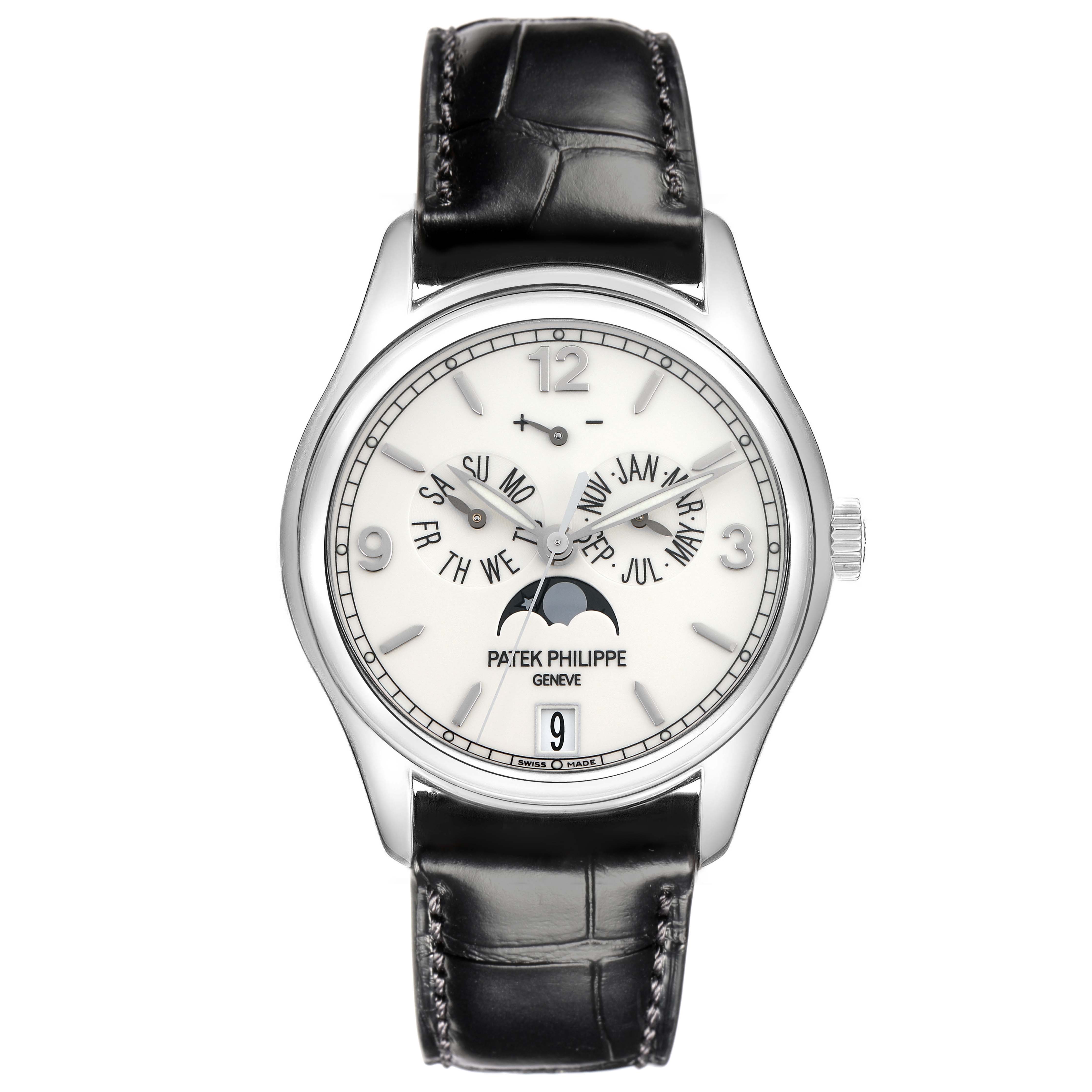 The Patek Philippe Complications 5146G Men
s White Gold White Dial 5146G Men
s White Gold White Dial watch is shown from the front, displaying the face, dial, straps, and crown.
