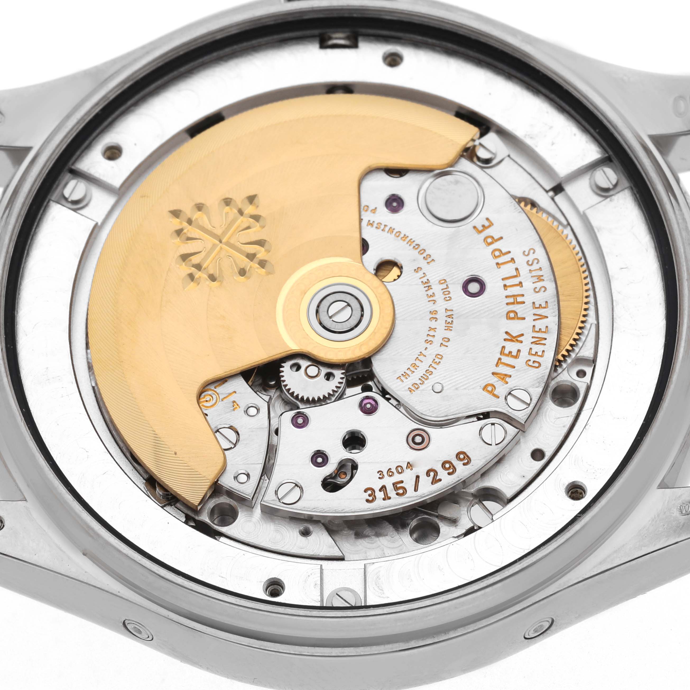 The image shows the movement and rotor of a Patek Philippe Complications 5146G Men
s White Gold White Dial 5146G Men
s White Gold White Dial watch from a back view angle.