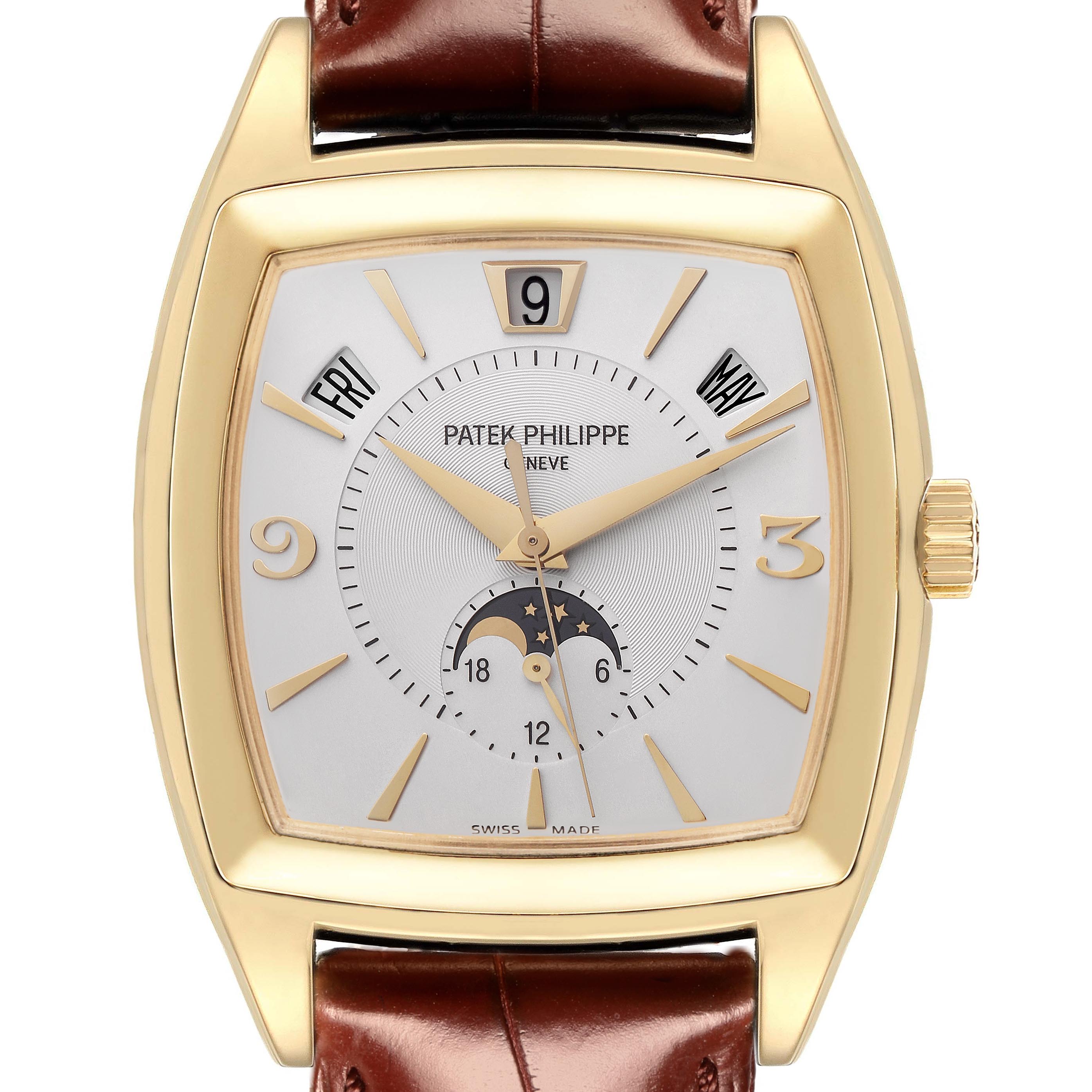 The Patek Philippe Gondolo 5135J-001 Men
s Yellow Gold White Dial 5135J-001 Men
s Yellow Gold White Dial watch is shown from the front, displaying its dial, hands, date indicators, and moon phase feature.
