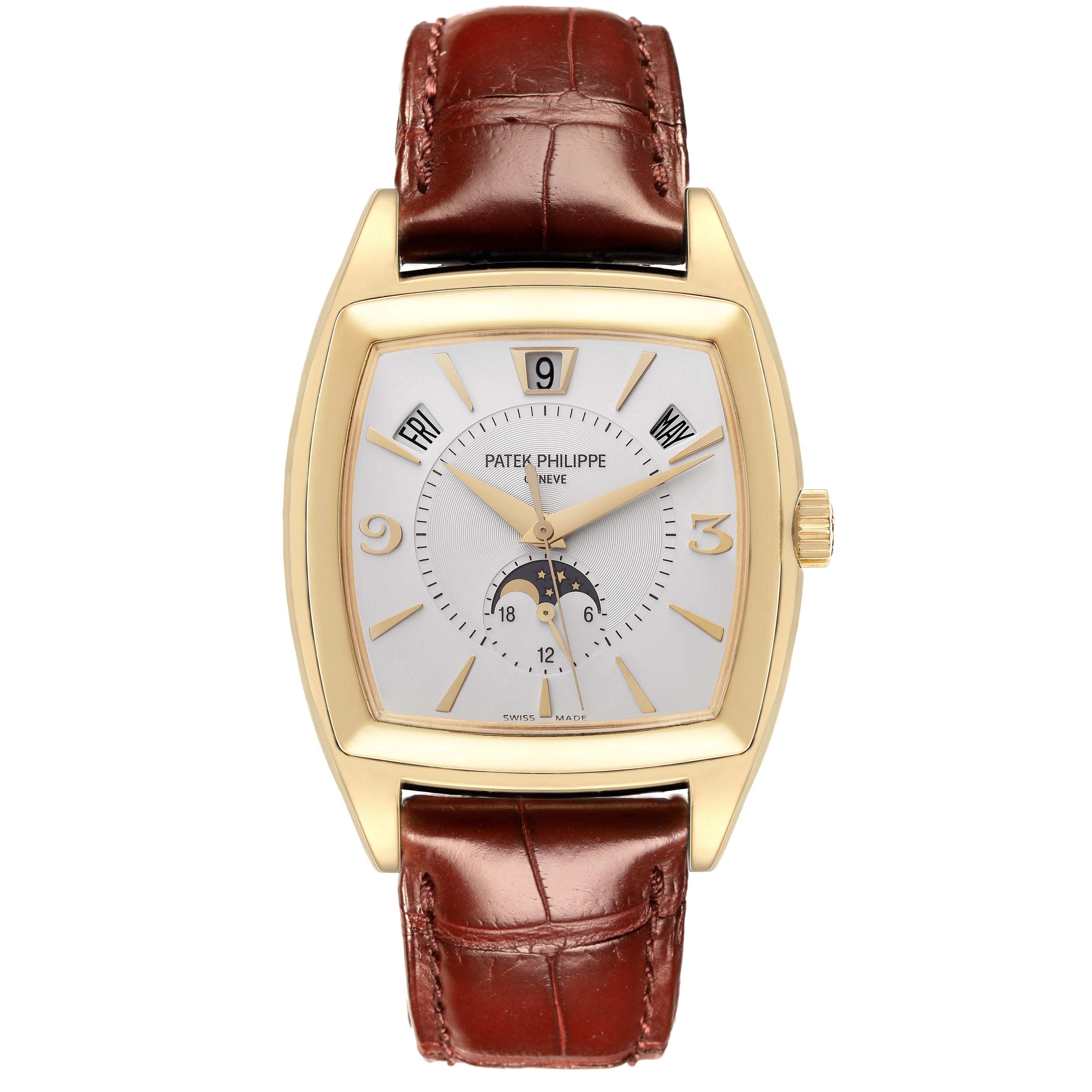 The Patek Philippe Gondolo 5135J-001 Men
s Yellow Gold White Dial 5135J-001 Men
s Yellow Gold White Dial watch is shown from the front, displaying its face, case, and leather strap.