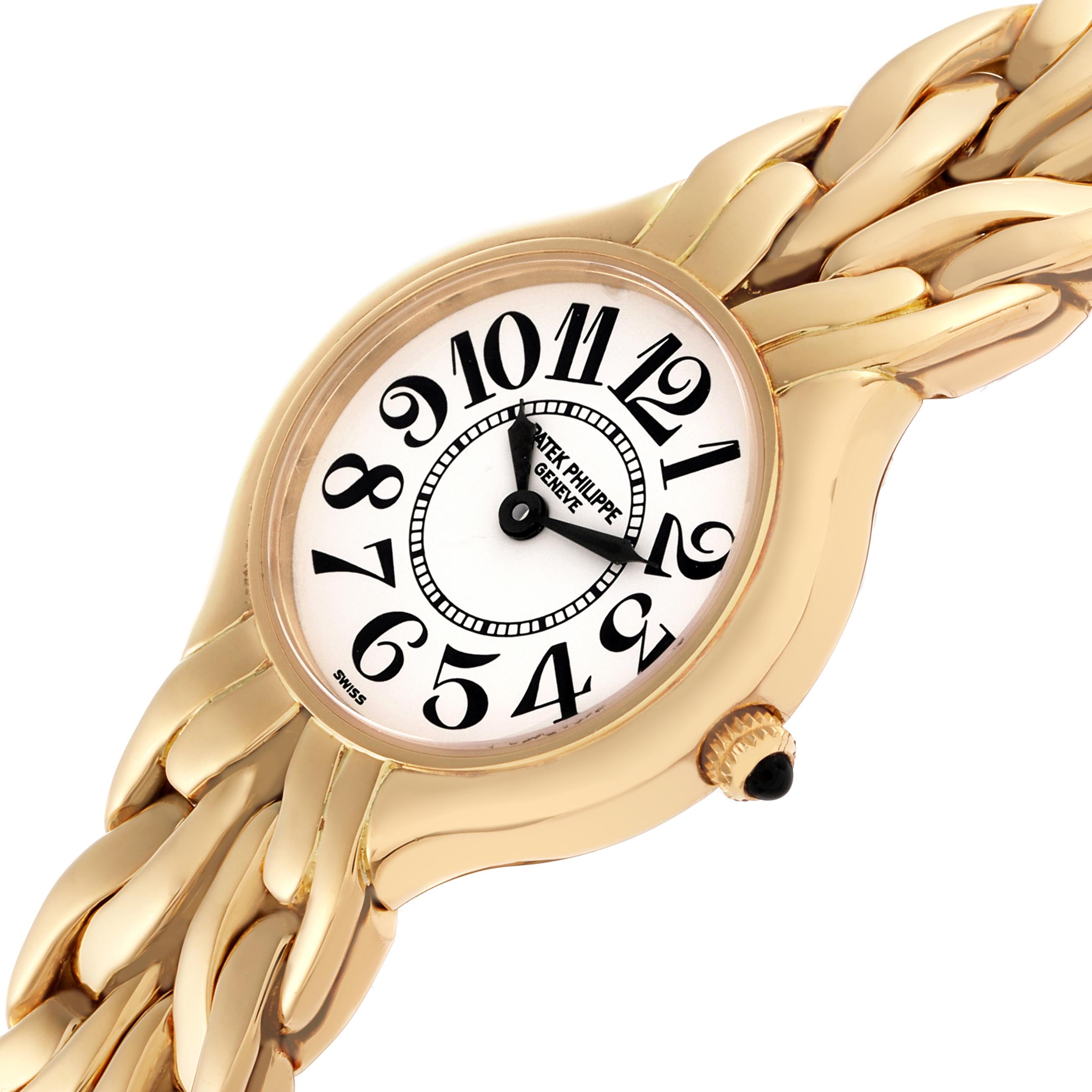 The image shows a Patek Philippe La Flamme  4816/1 Women
s Yellow Gold White Dial 4816/1 Women
s Yellow Gold White Dialwatch from an angled side view, highlighting its face, case, and linked band.