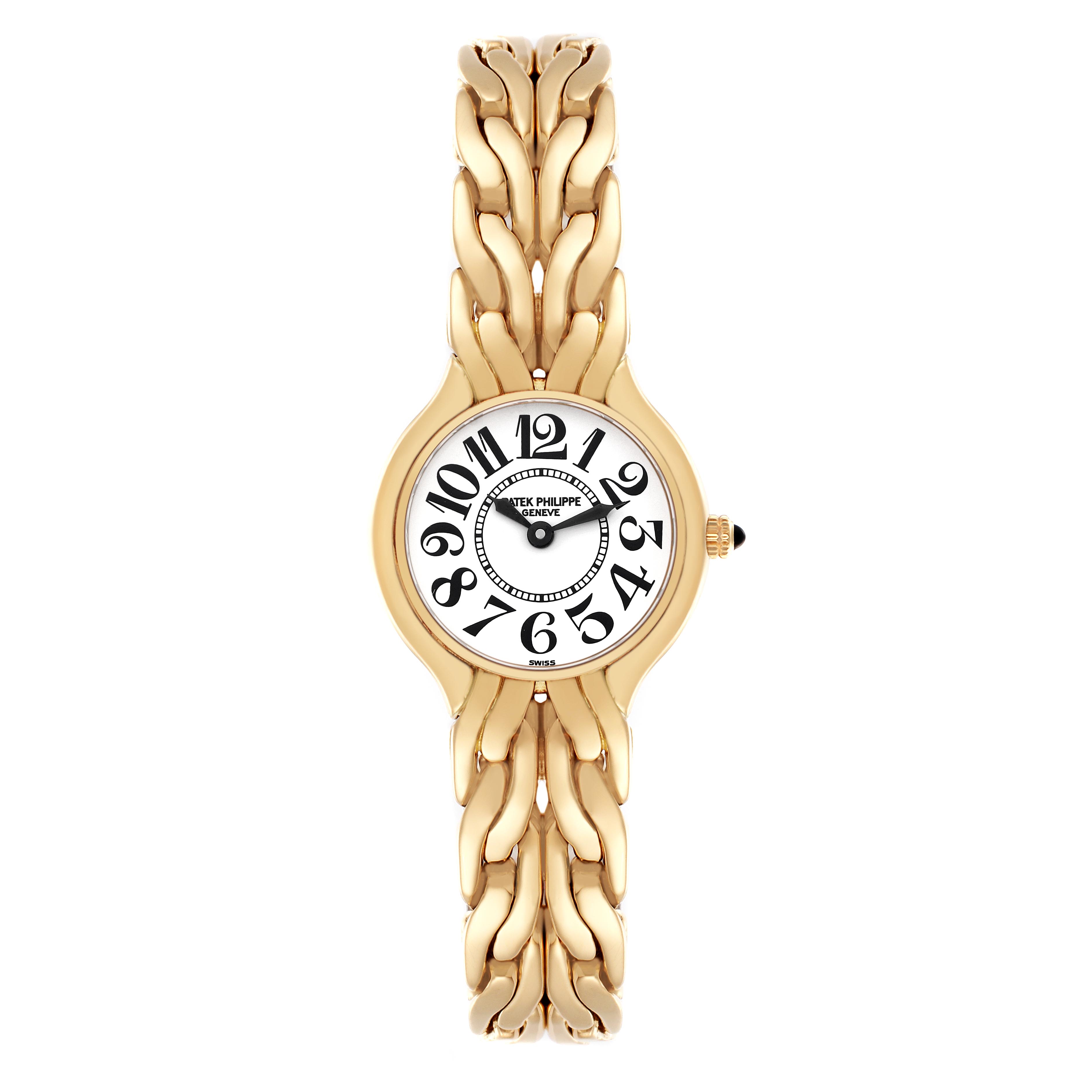 The Patek Philippe La Flamme  4816/1 Women
s Yellow Gold White Dial 4816/1 Women
s Yellow Gold White Dialwatch is shown from a top-down angle, highlighting the face, bezel, crown, and bracelet.