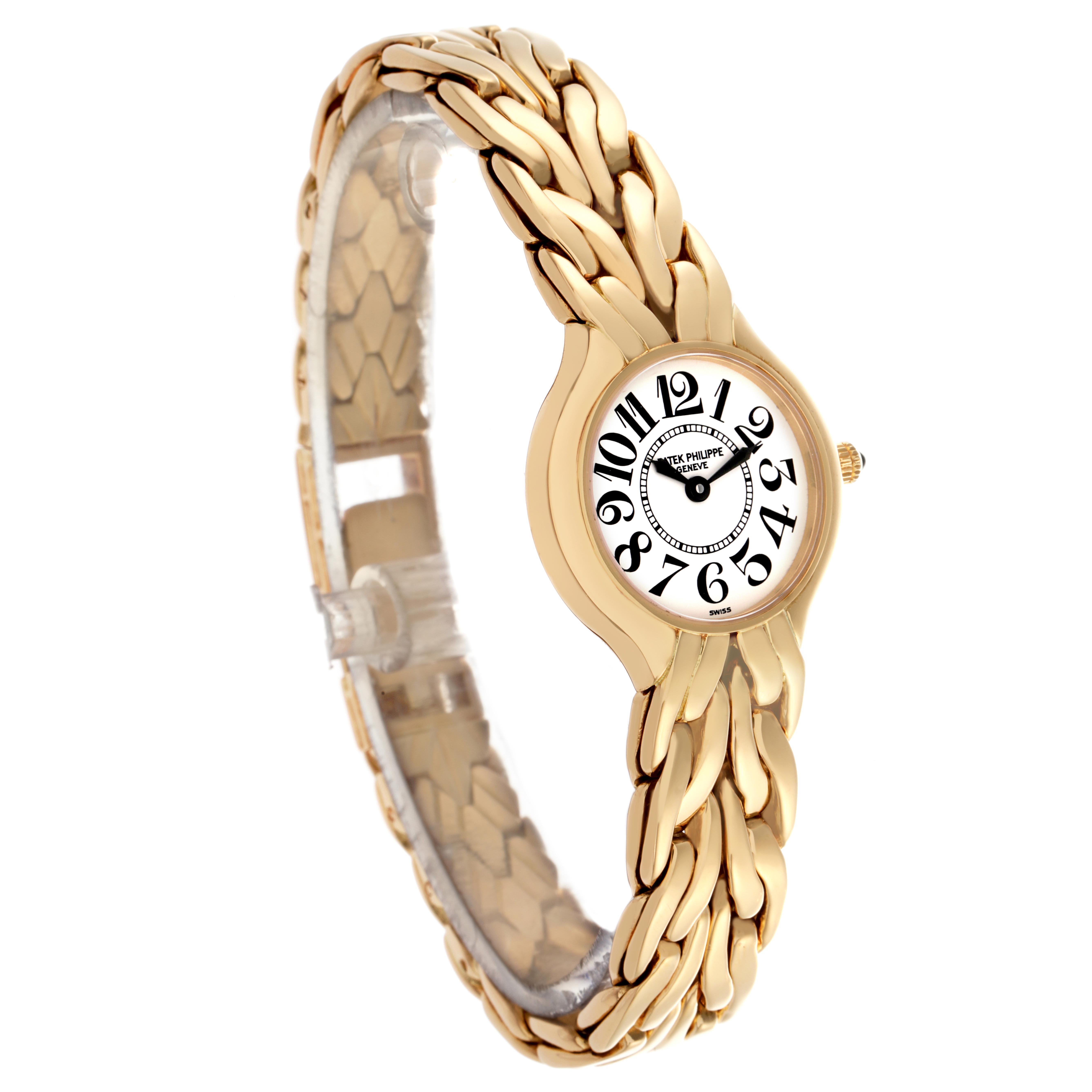 The Patek Philippe La Flamme  4816/1 Women
s Yellow Gold White Dial 4816/1 Women
s Yellow Gold White Dialwatch is shown in a front three-quarter view, highlighting its gold bracelet and round face.