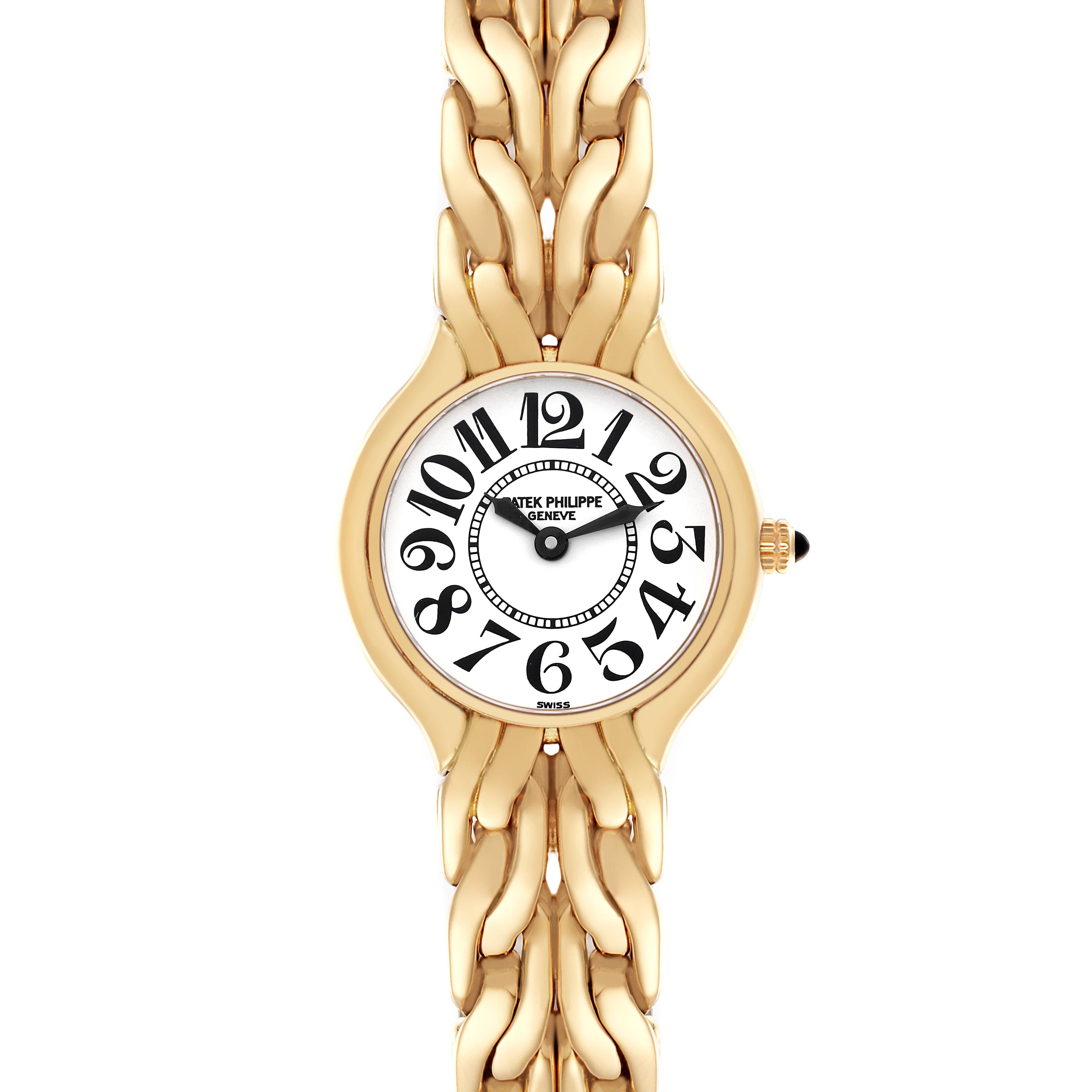 The Patek Philippe La Flamme  4816/1 Women
s Yellow Gold White Dial 4816/1 Women
s Yellow Gold White Dialwatch is shown from a top view, highlighting its round face, large numerals, and gold bracelet.