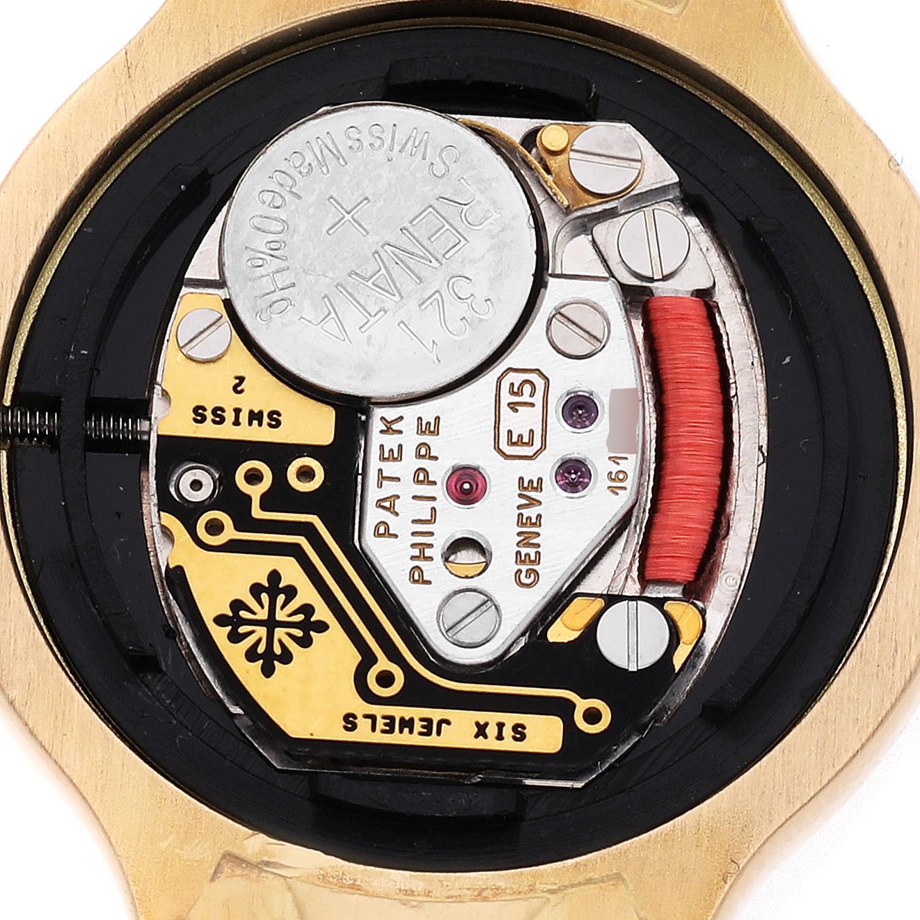 The image shows a close-up of the movement and battery of the Patek Philippe La Flamme  4816/1 Women
s Yellow Gold White Dial 4816/1 Women
s Yellow Gold White Dialwatch.