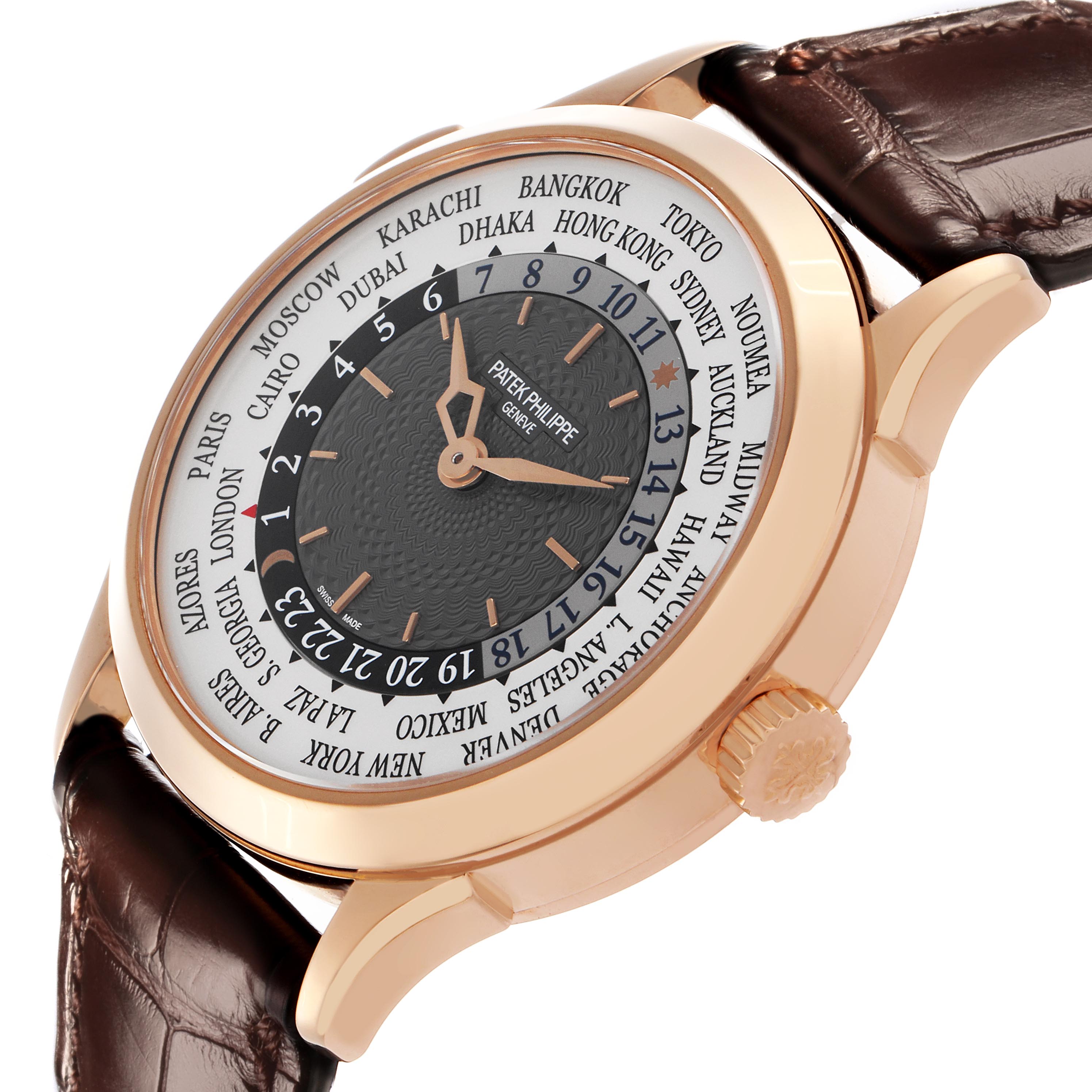 The Patek Philippe Complications 5230R-001 Men
s Rose Gold Grey Dial 5230R-001 Men
s Rose Gold Grey Dial watch is shown at a slight angle, highlighting the dial, bezel, and crown.