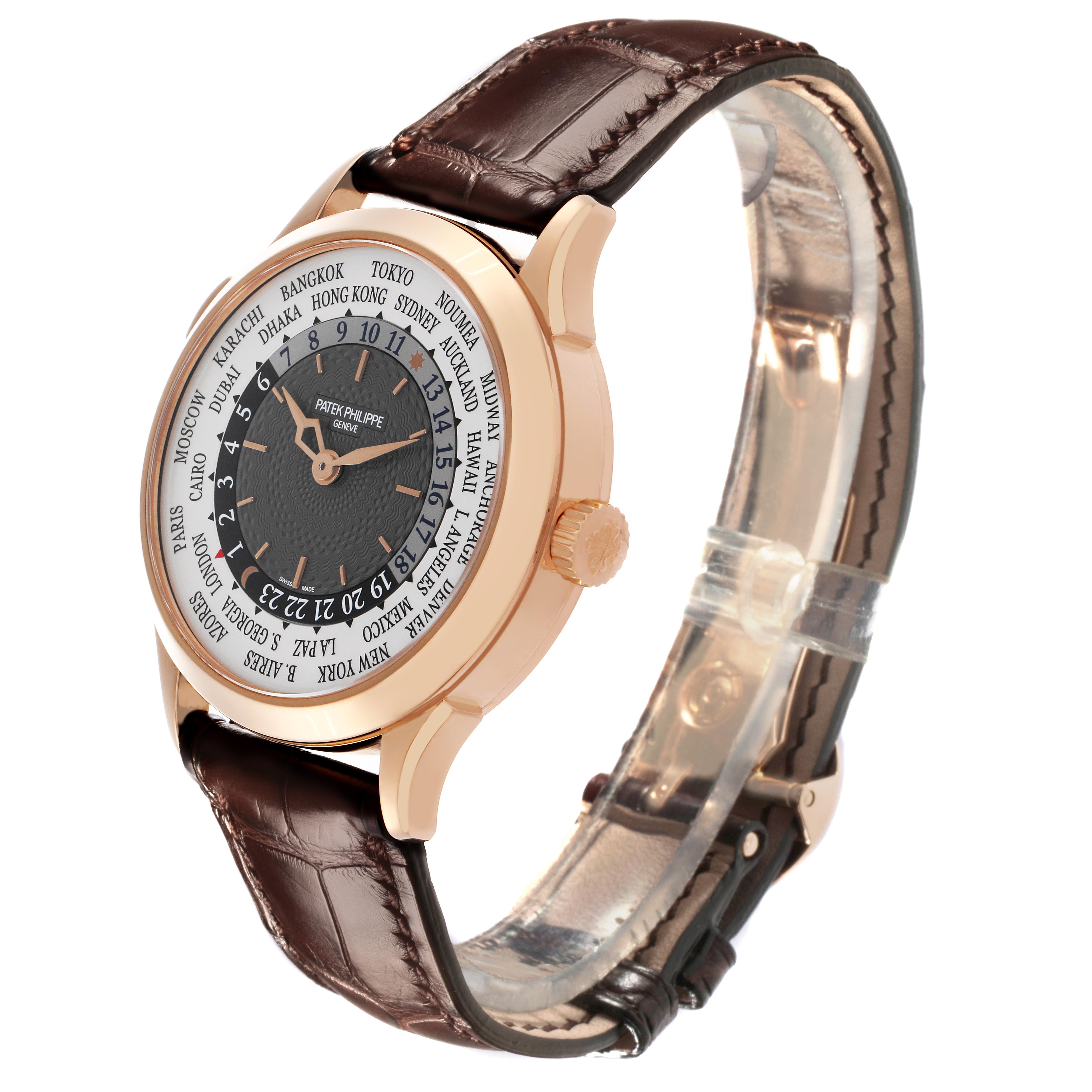 The Patek Philippe Complications 5230R-001 Men
s Rose Gold Grey Dial 5230R-001 Men
s Rose Gold Grey Dial watch is shown at a slight angle, highlighting the bezel, crown, and leather strap.