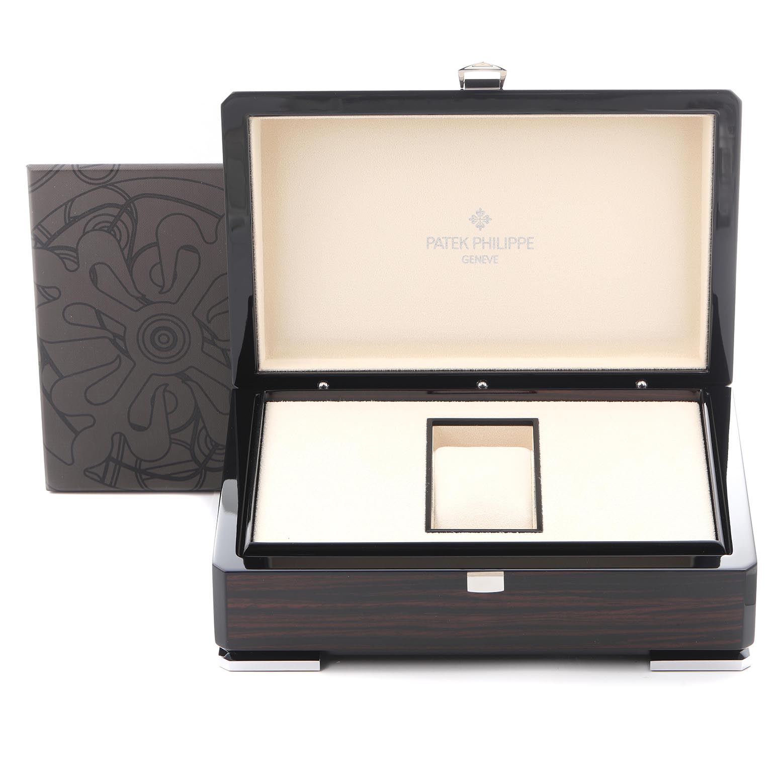 The image shows an open Patek Philippe Complications 5230R-001 Men
s Rose Gold Grey Dial 5230R-001 Men
s Rose Gold Grey Dial watch box, displaying its interior and exterior packaging.