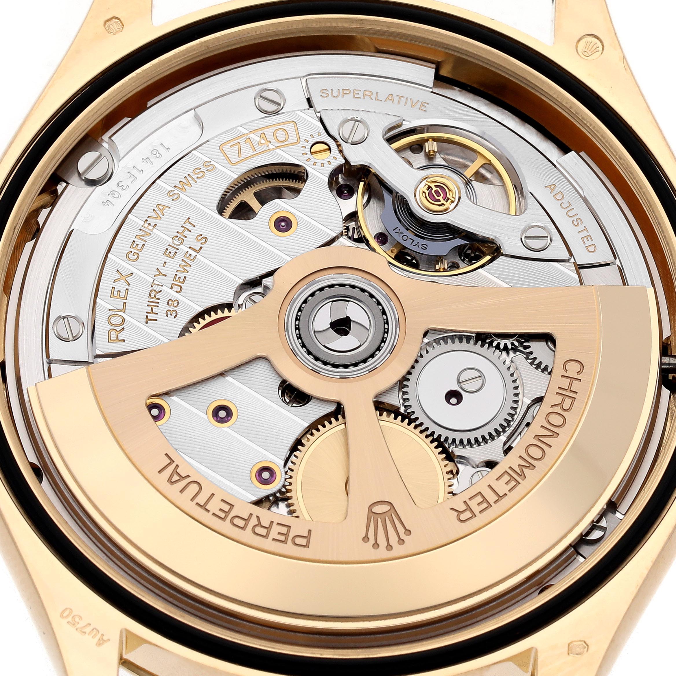 The image shows the open case back of a Rolex 1908 52508-0002 Men's Yellow Gold Black Dial 52508-0002 Men's Yellow Gold Black Dial model, revealing the intricate mechanical movement.