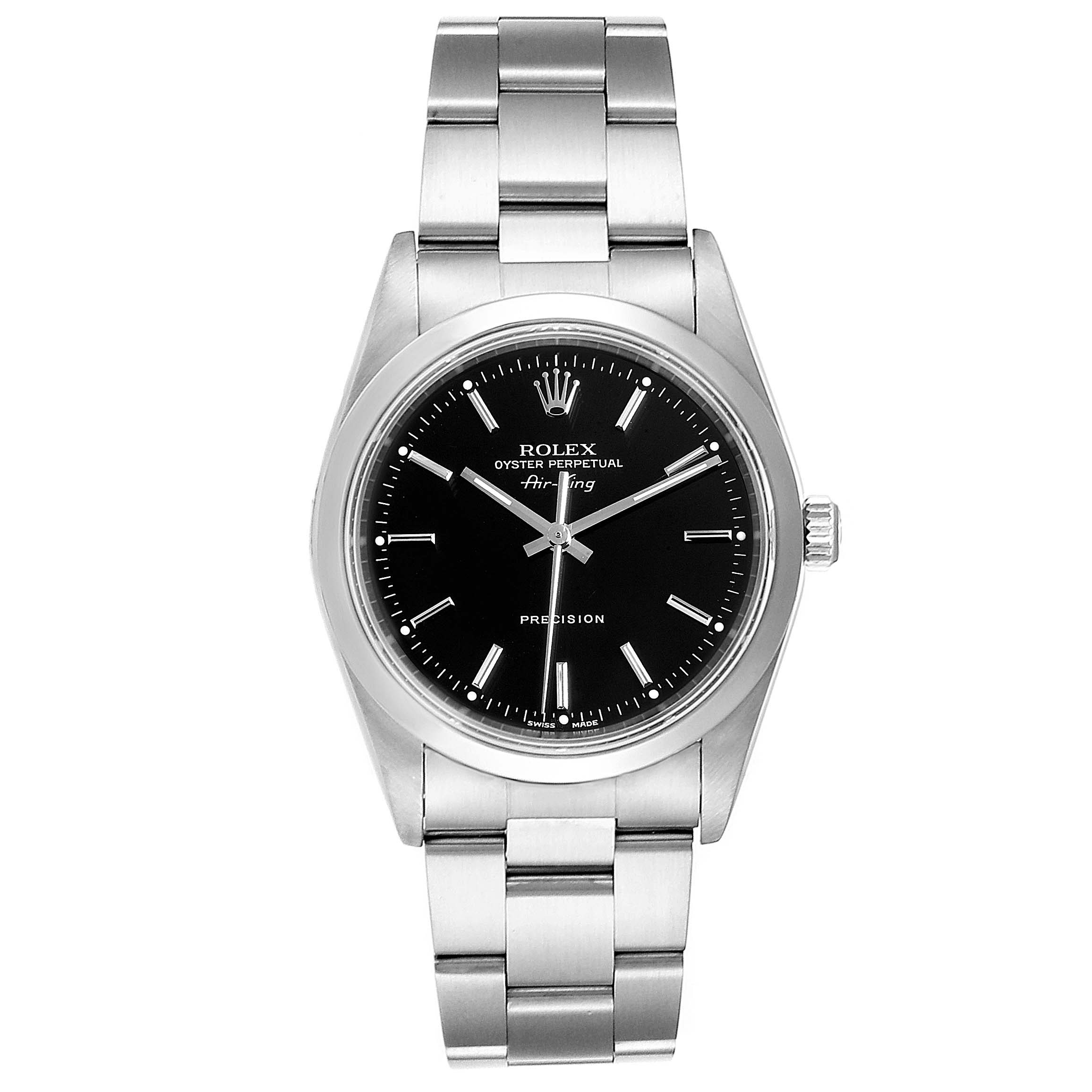 The image shows a front view of a Rolex Air-King 14000  Men's Stainless Steel Black Dial 14000  Men's Stainless Steel Black Dial watch, displaying its black dial, hands, markers, and stainless steel bracelet.