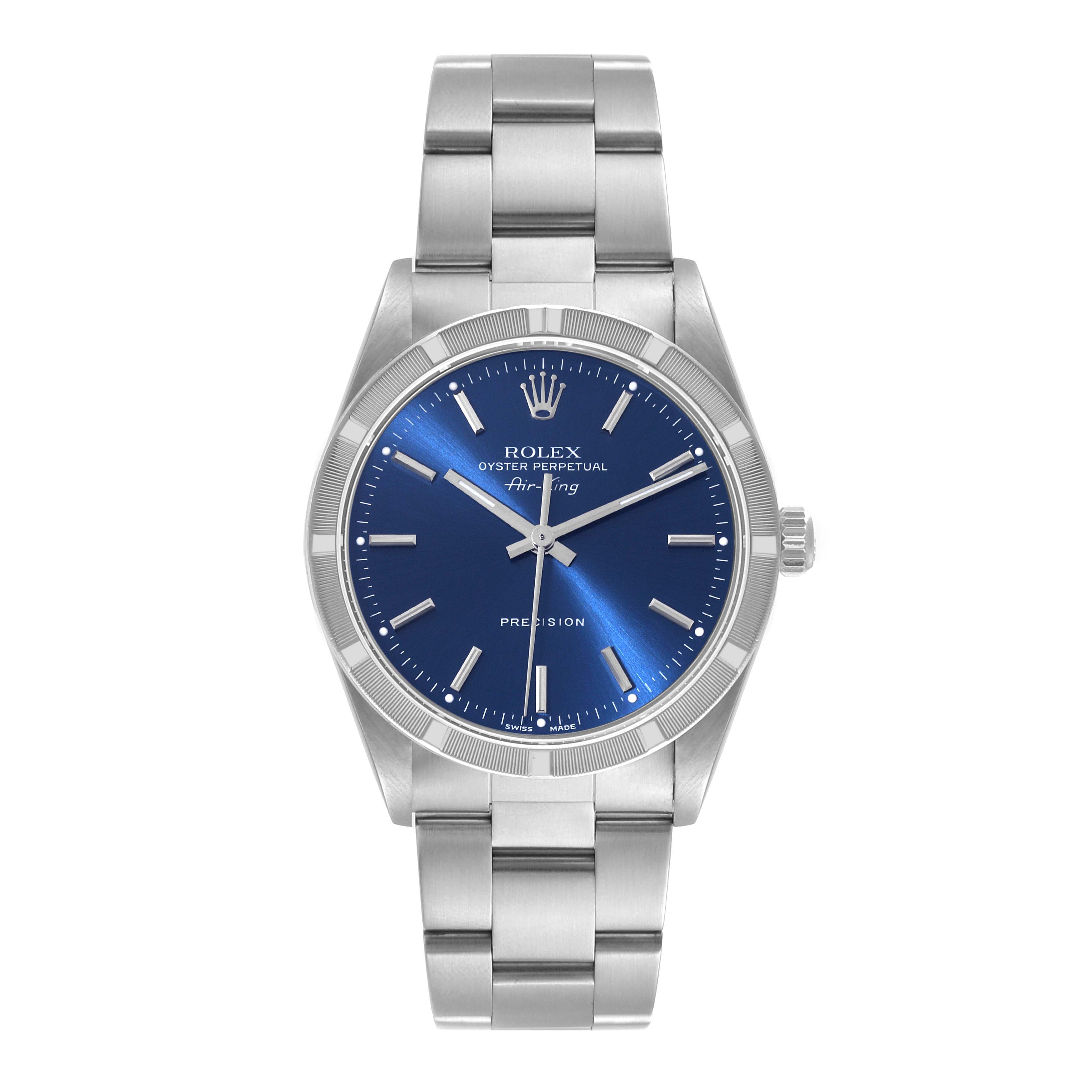 The image shows a frontal view of the Rolex Air-King 14010 Men's Stainless Steel Blue Dial 14010 Men's Stainless Steel Blue Dial watch, highlighting its blue dial, silver hour markers, and stainless steel bracelet.