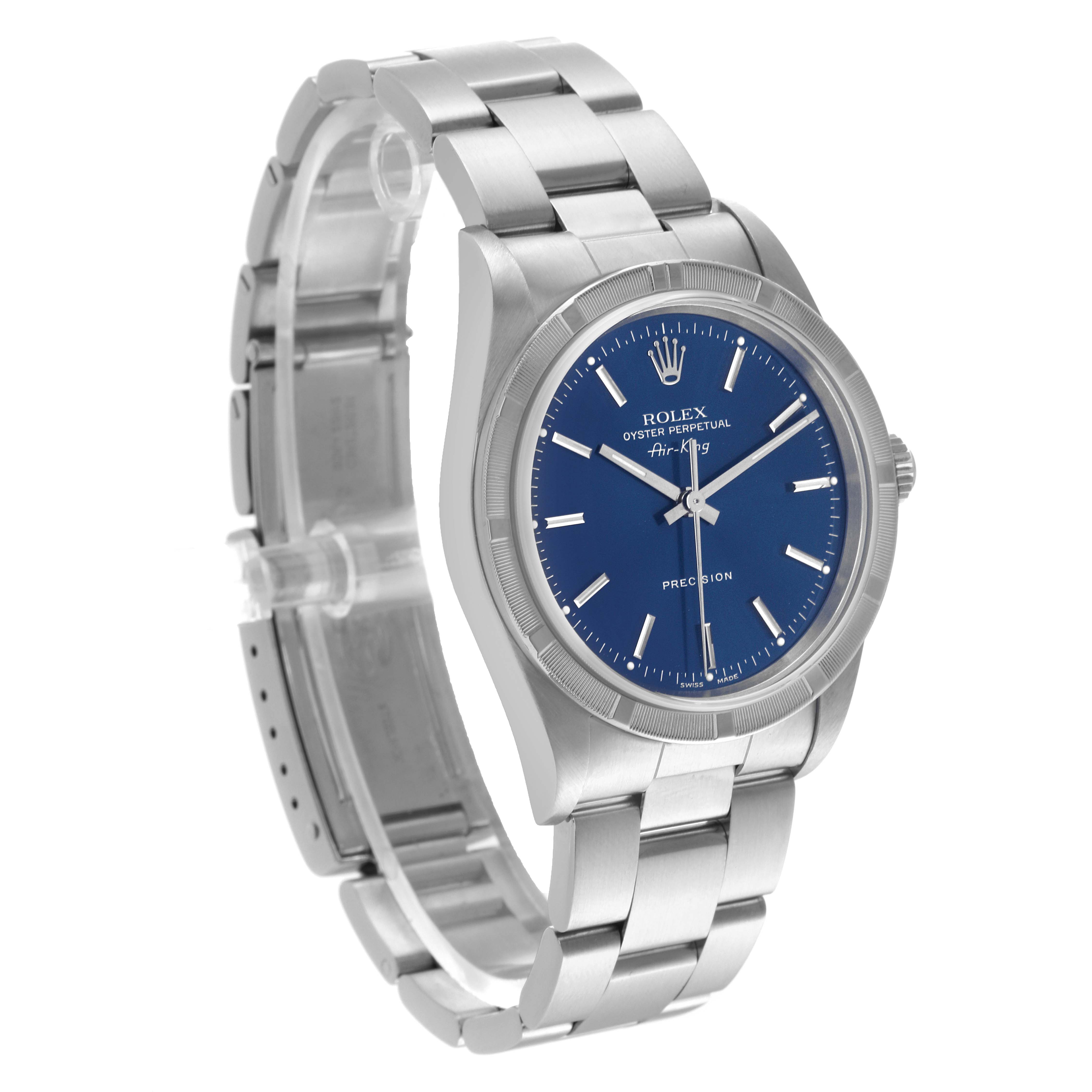 The image shows a Rolex Air-King 14010 Men's Stainless Steel Blue Dial 14010 Men's Stainless Steel Blue Dial watch at a three-quarter angle, highlighting its blue dial, metal bracelet, and clasp.