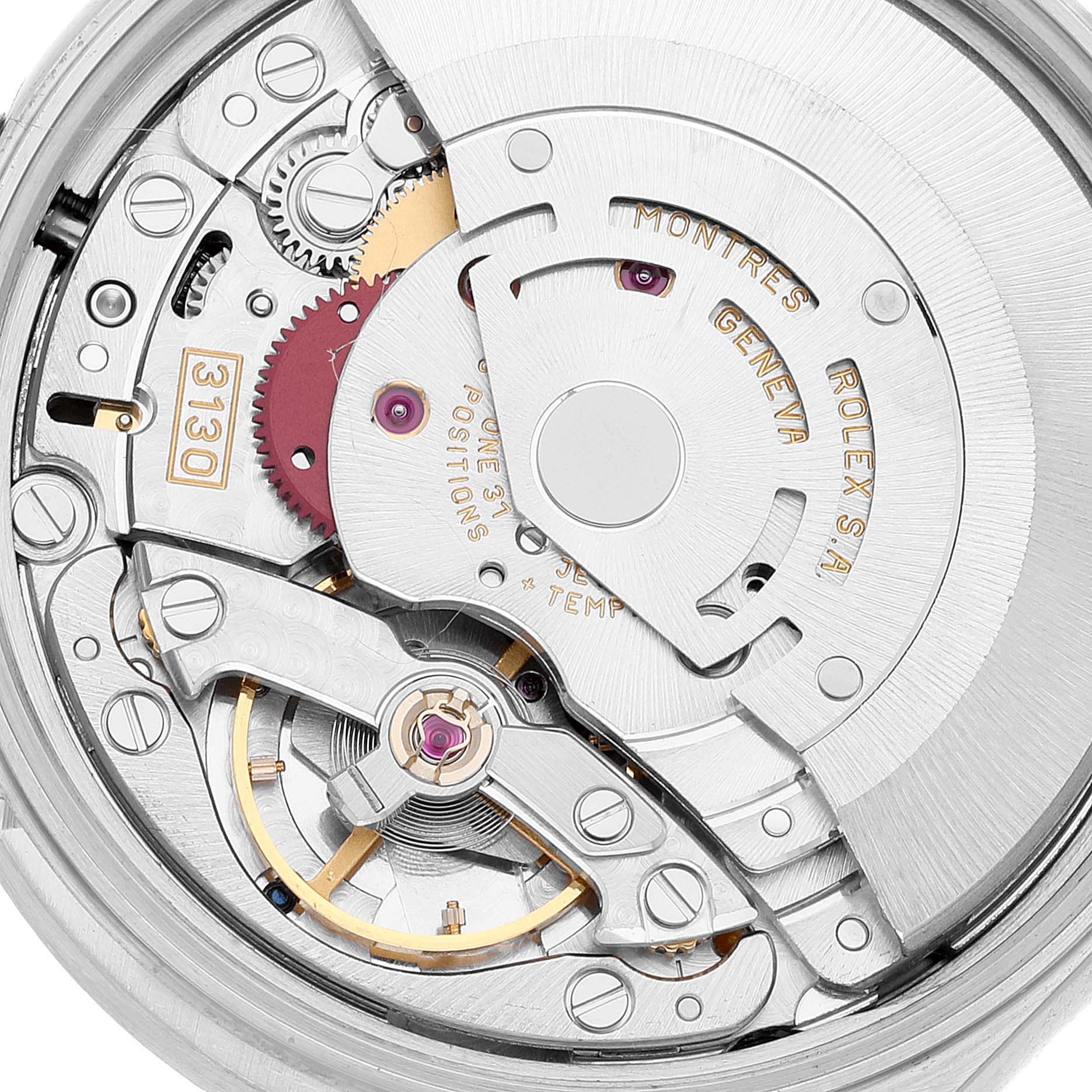 This is a close-up view of the movement mechanism inside a Rolex Air-King 14010 Men's Stainless Steel Blue Dial 14010 Men's Stainless Steel Blue Dial watch, showing the intricate gears and components.