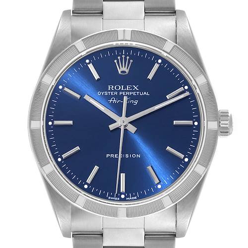 Photo of Rolex Air King Blue Dial Engine Turned Bezel Steel Mens Watch 14010