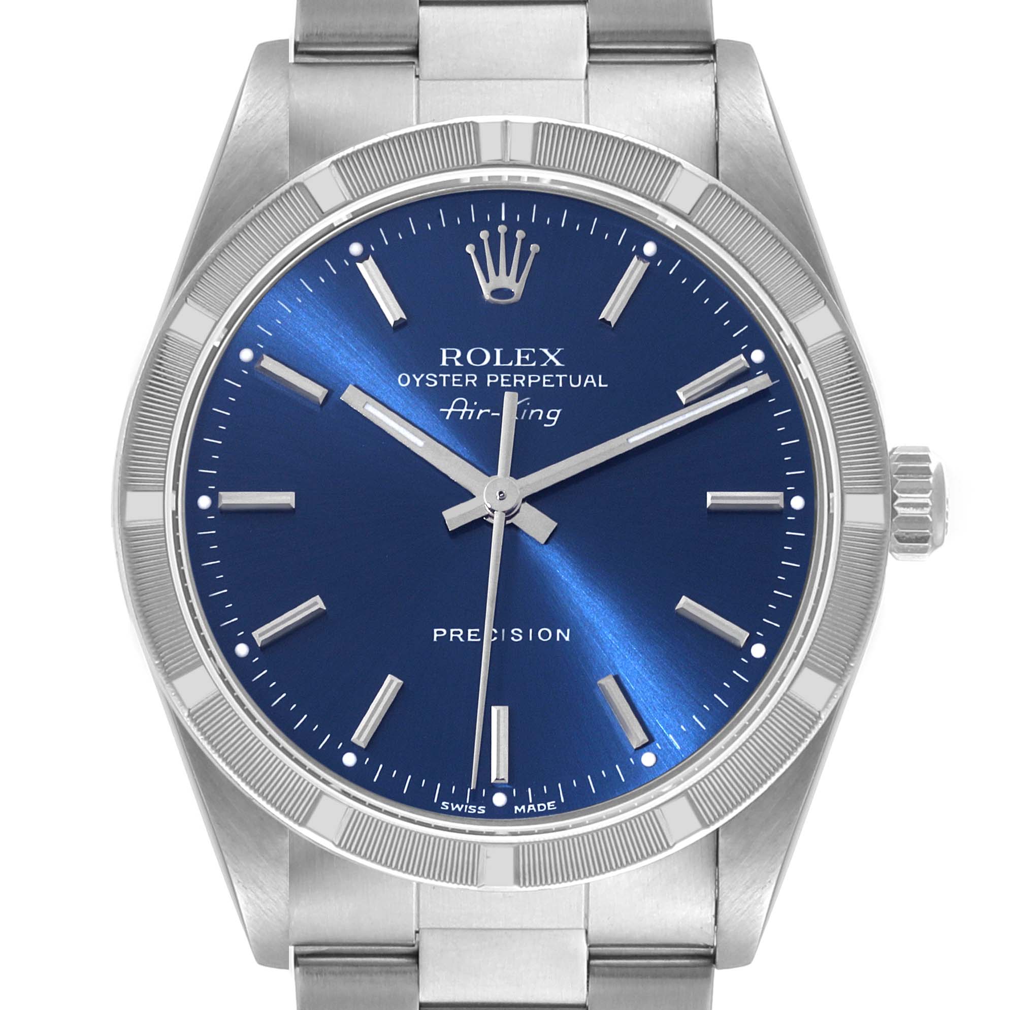 The image shows a front view of a Rolex Air-King 14010 Men's Stainless Steel Blue Dial 14010 Men's Stainless Steel Blue Dial watch, highlighting the blue dial, stainless steel case, and bracelet.