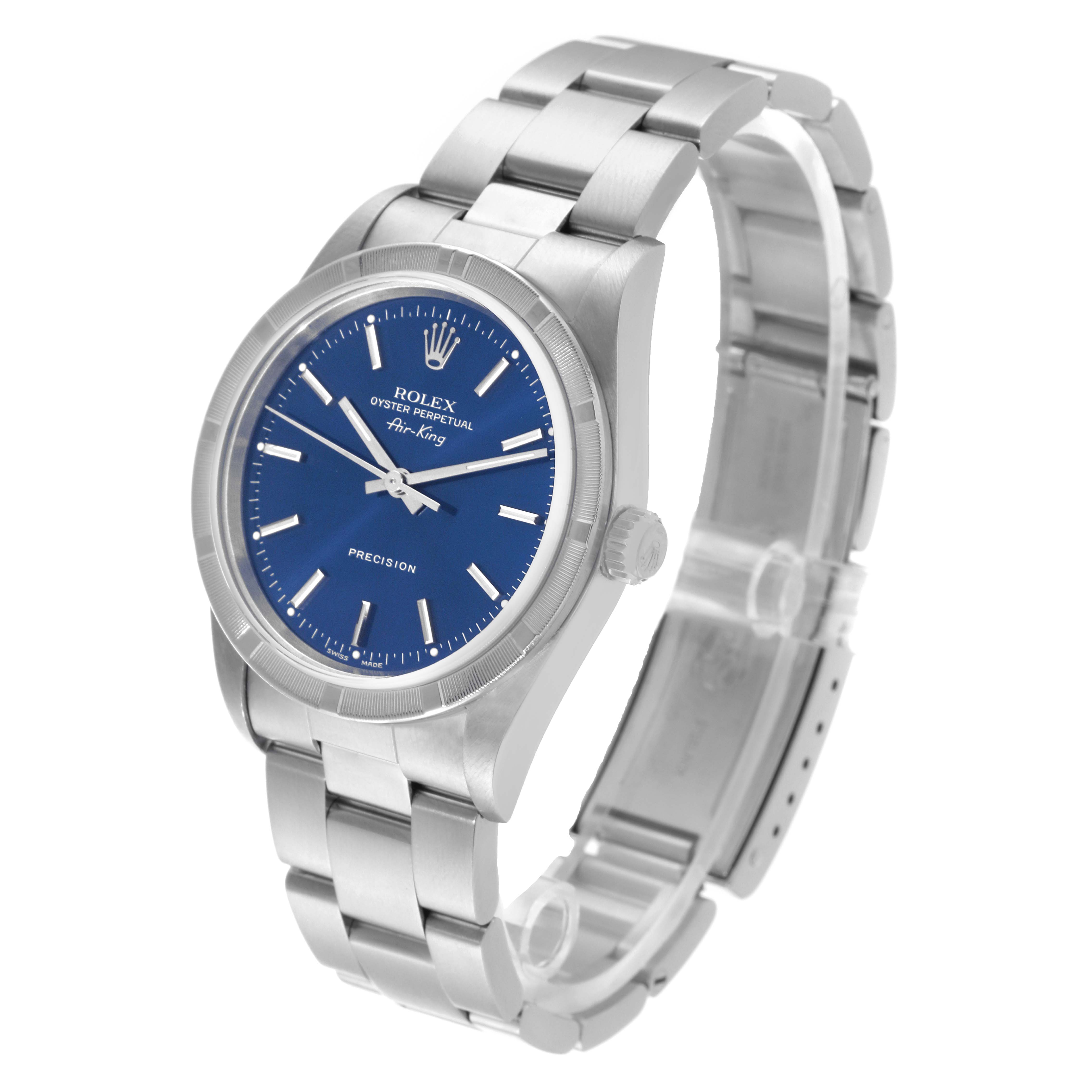 This is a Rolex Air-King 14010 Men's Stainless Steel Blue Dial 14010 Men's Stainless Steel Blue Dial watch shown at a slight angle from the front, displaying its blue dial and stainless steel bracelet.