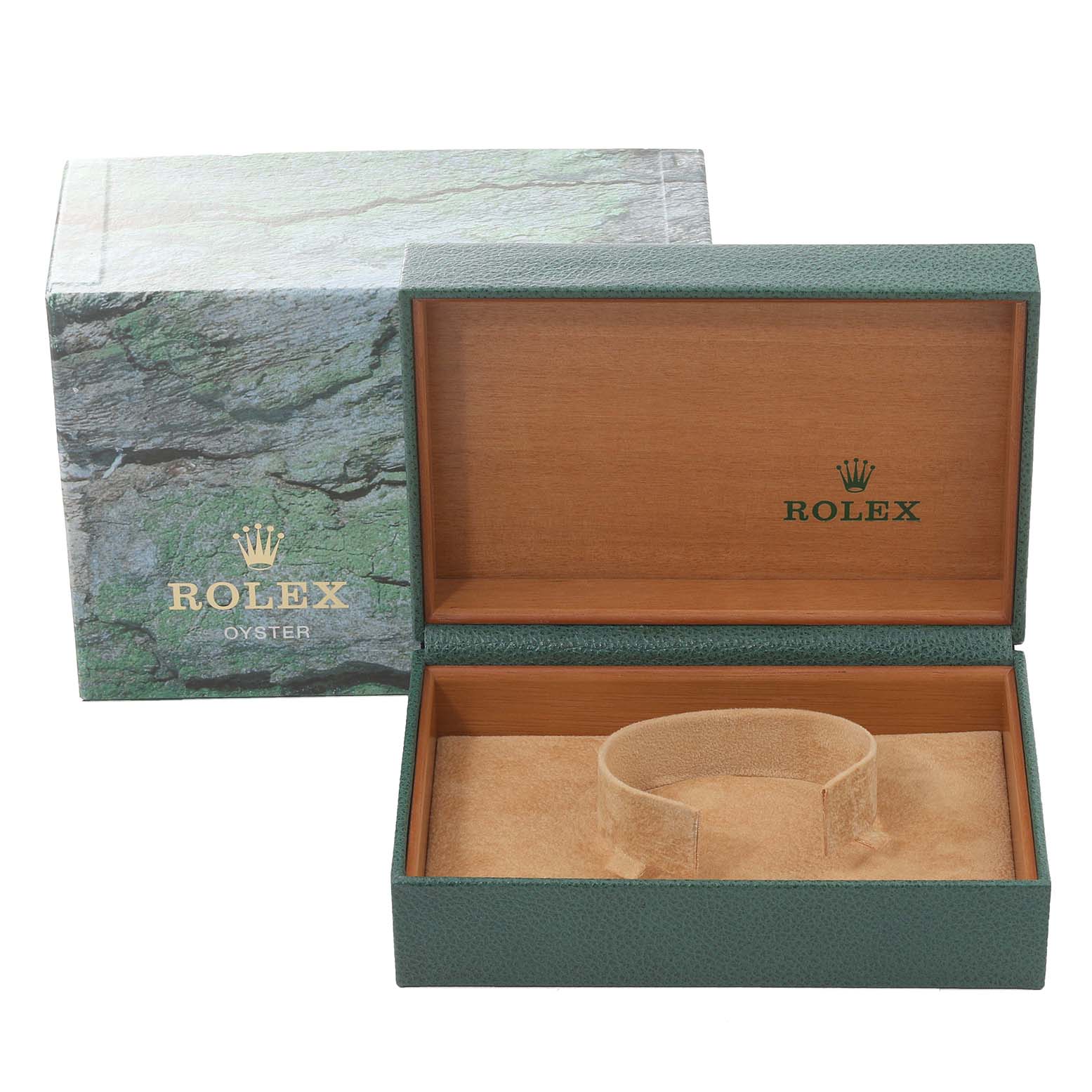 The image shows an open Rolex Air-King 14010 Men's Stainless Steel Blue Dial 14010 Men's Stainless Steel Blue Dial watch box with a green exterior and a beige interior.