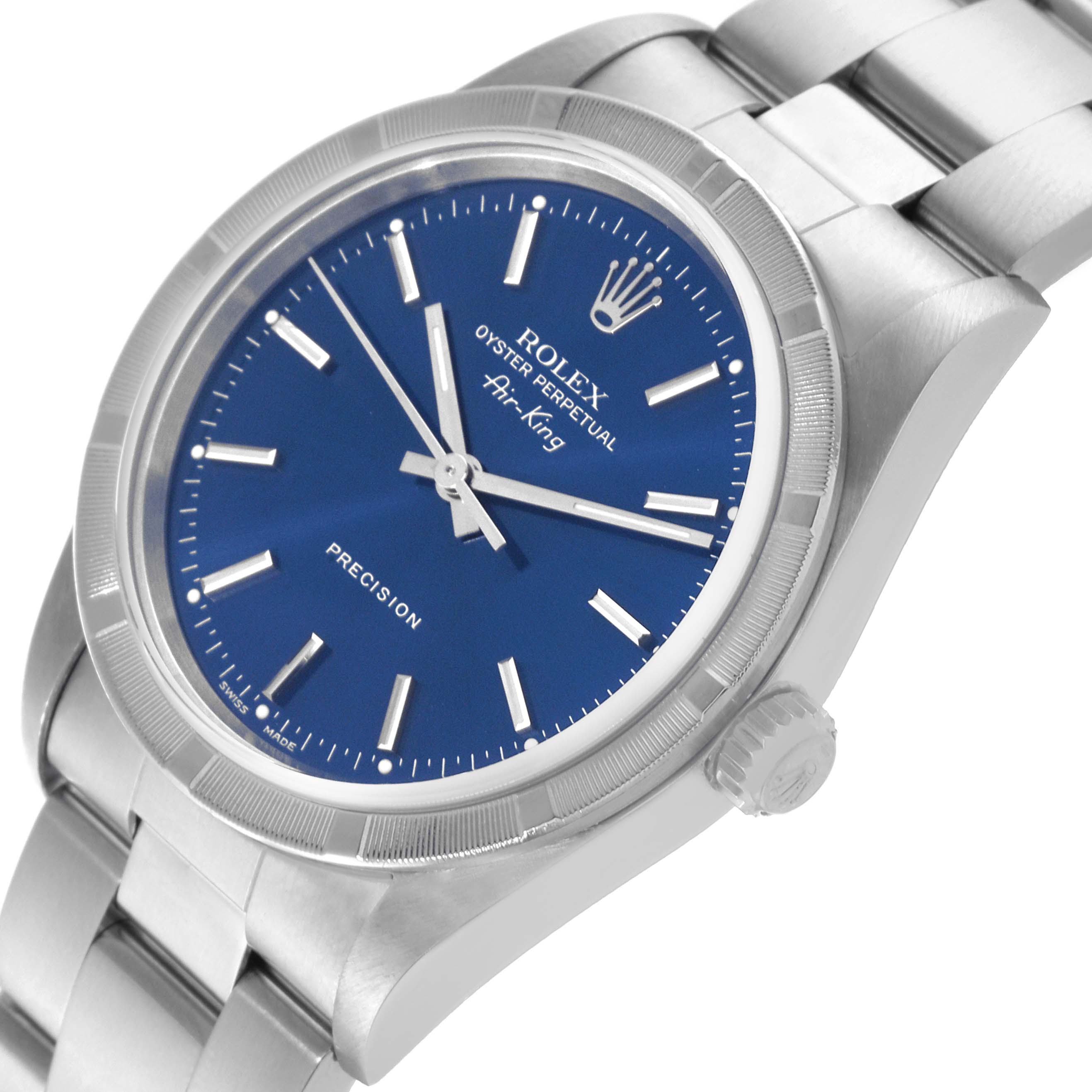 The image shows a Rolex Air-King 14010 Men's Stainless Steel Blue Dial 14010 Men's Stainless Steel Blue Dial watch at a slight angle, highlighting its bracelet, crown, and blue dial with markers.