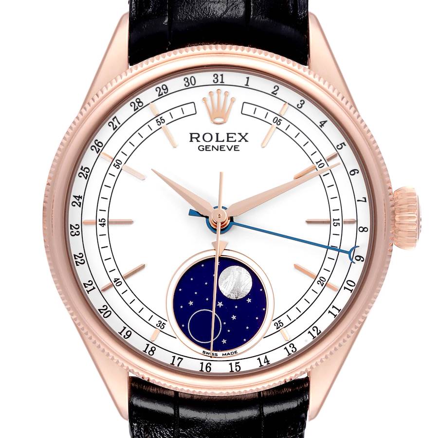 The Rolex Cellini is shown from a front angle, featuring the dial, moonphase, case, and crown.