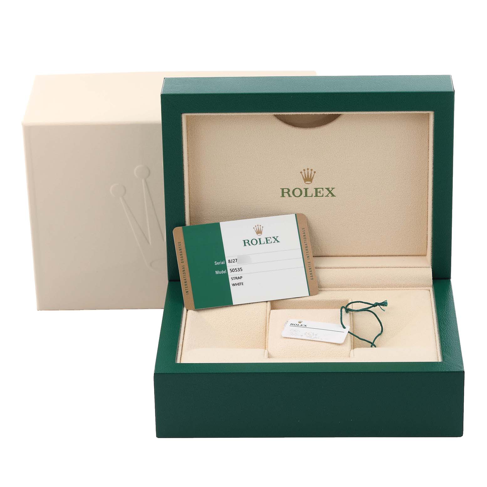 The image shows the packaging and accessories for a Rolex Cellini 50535 Men
s Rose Gold White Dial 50535 Men
s Rose Gold White Dial, including a box, warranty card, and tag.