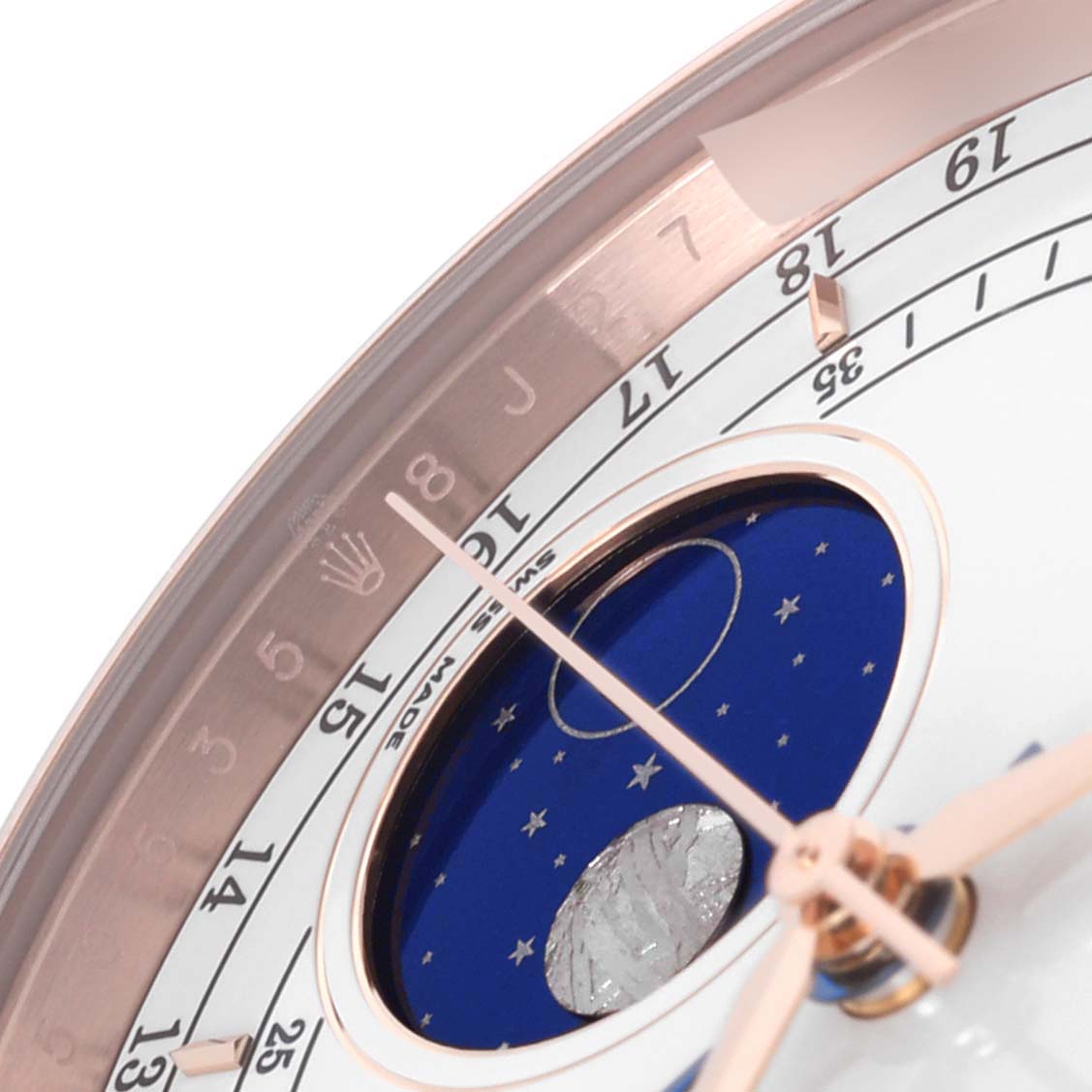 The image shows a close-up of the Rolex Cellini 50535 Men
s Rose Gold White Dial 50535 Men
s Rose Gold White Dial watch
s dial, focusing on the moon phase and date indicators.