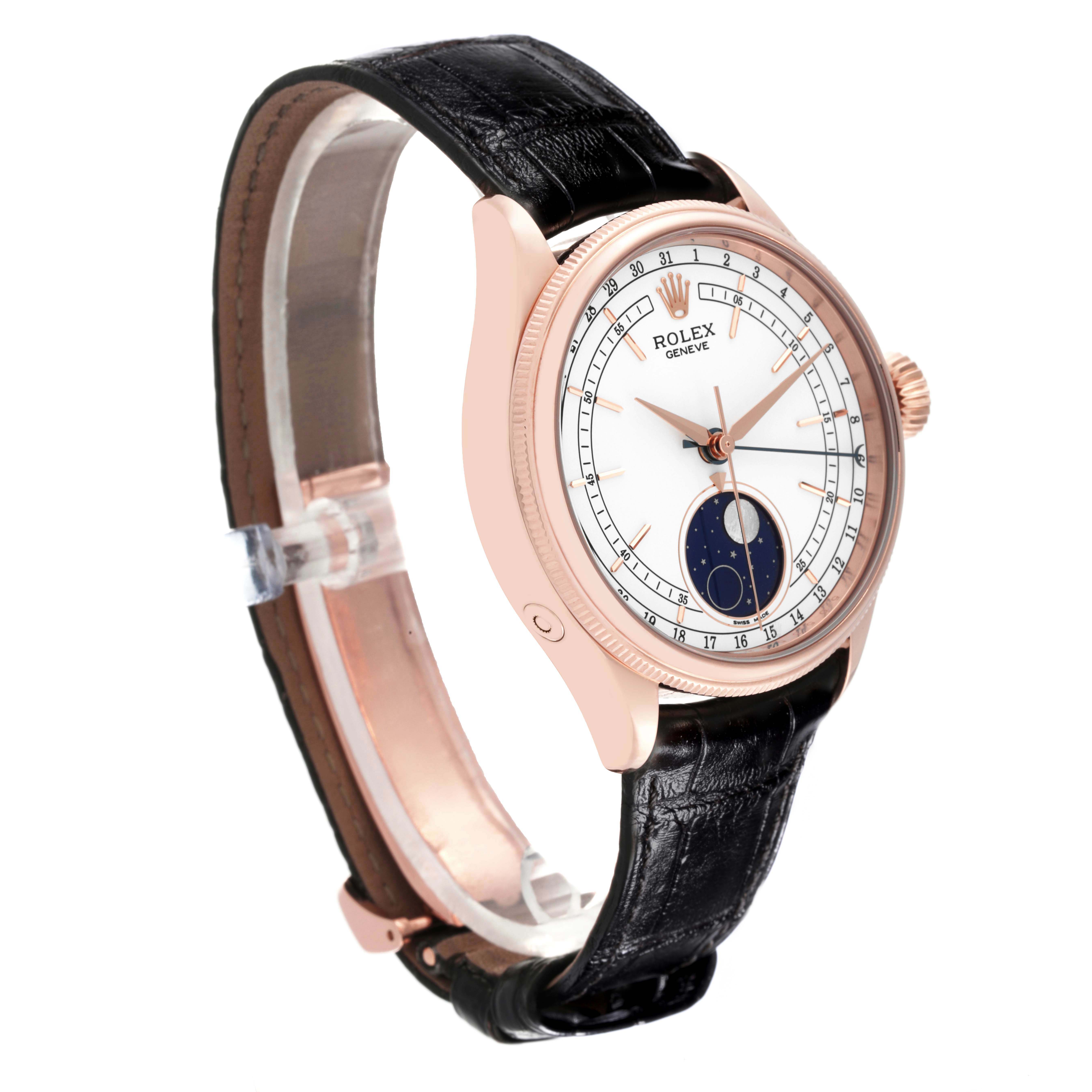 The Rolex Cellini 50535 Men
s Rose Gold White Dial 50535 Men
s Rose Gold White Dial watch is shown at a slight angle, displaying the face, case, crown, and leather strap.