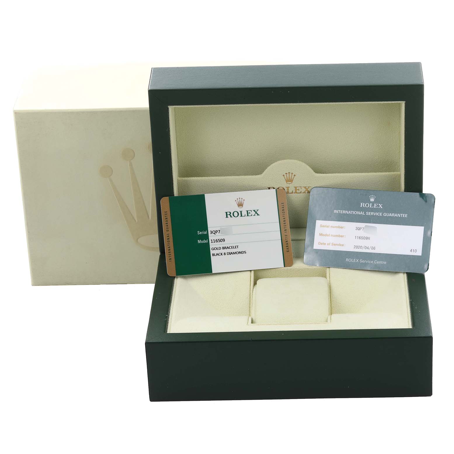 The image shows the packaging and certification cards of a Rolex Daytona 116509 Men
s White Gold Black Dial 116509 Men
s White Gold Black Dial, with the open box displayed at a front angle.