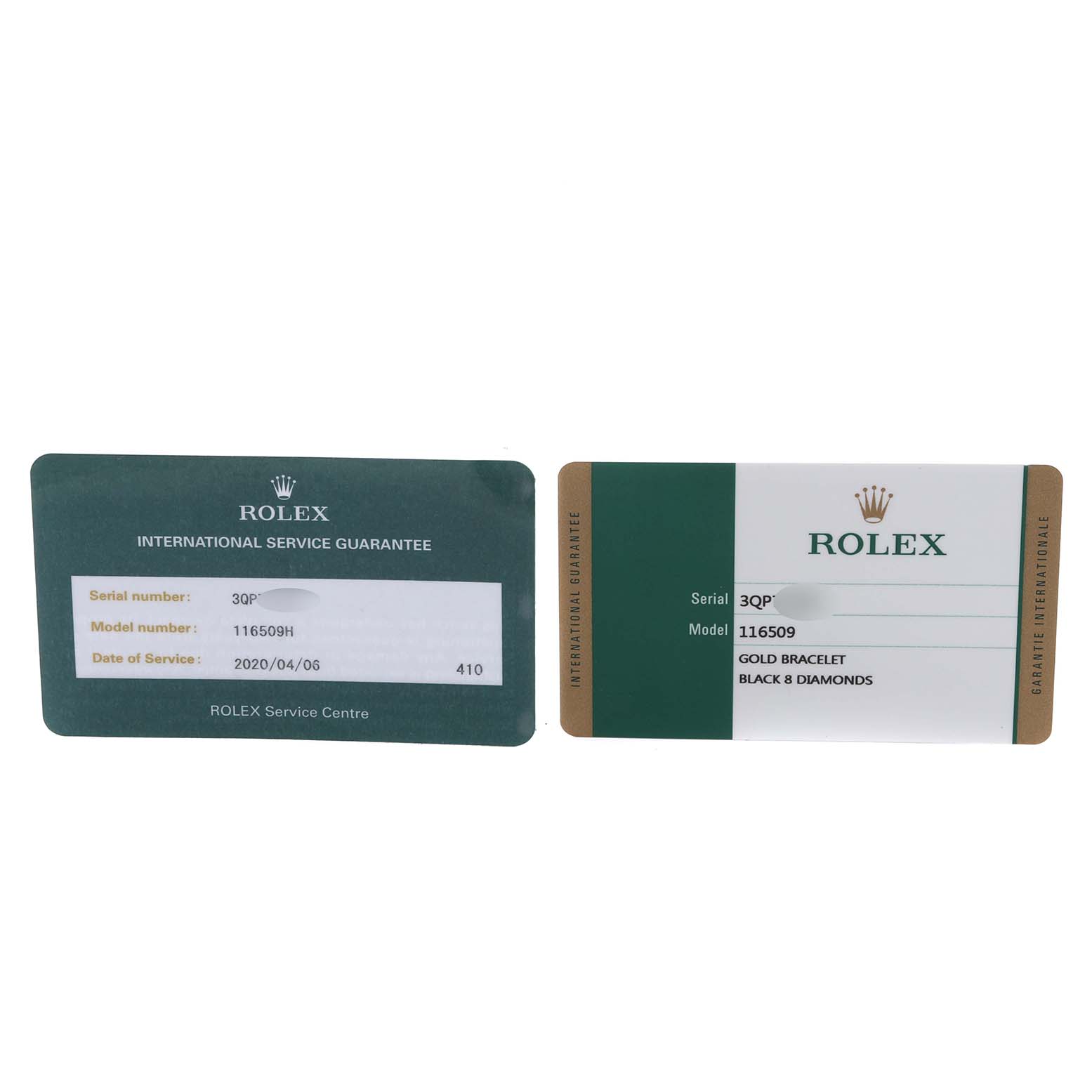 The image shows two Rolex Daytona 116509 Men
s White Gold Black Dial 116509 Men
s White Gold Black Dial warranty cards, displaying serial and model numbers.