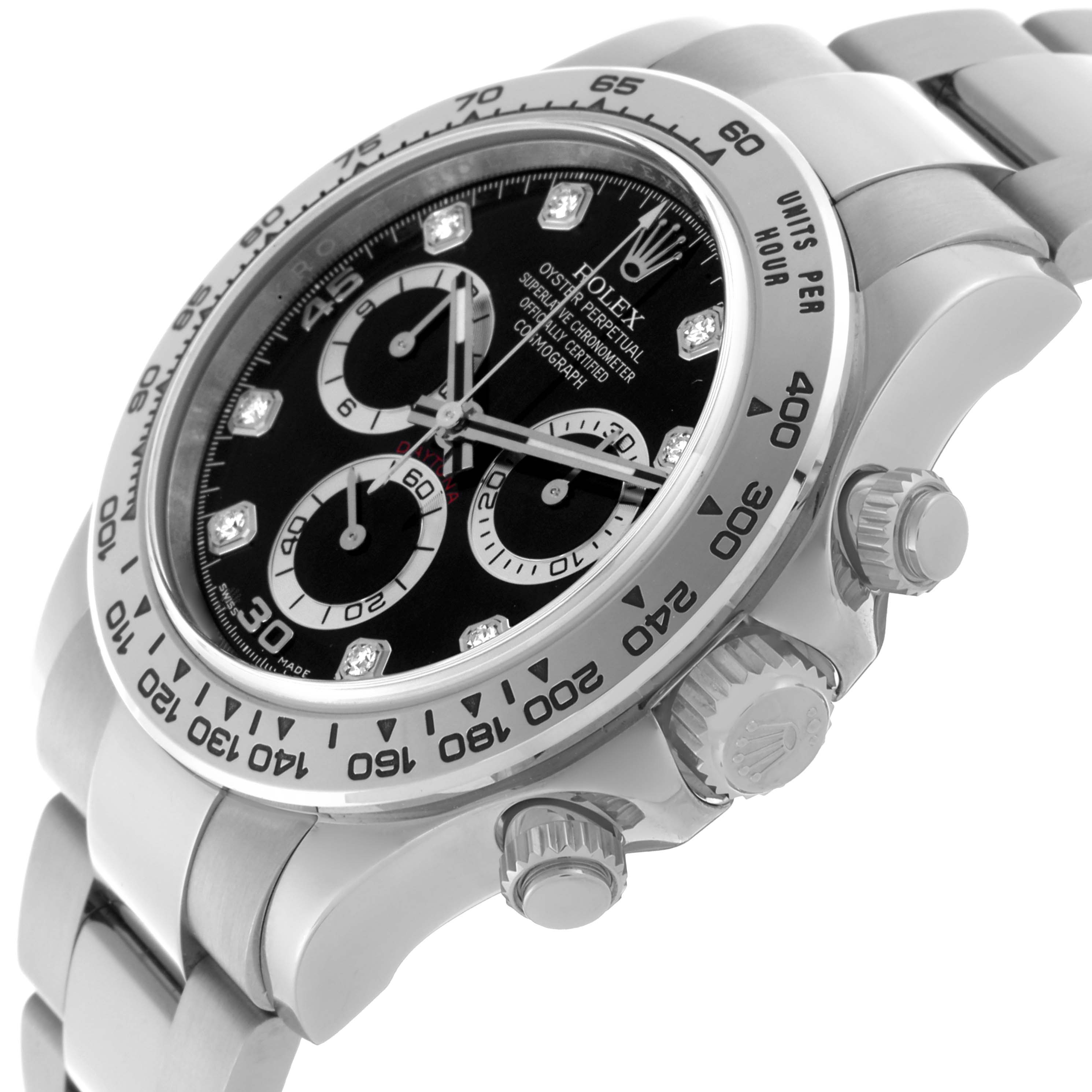The Rolex Daytona 116509 Men
s White Gold Black Dial 116509 Men
s White Gold Black Dial watch is shown at an angled side view, highlighting the bezel, crown, and chronograph pushers.