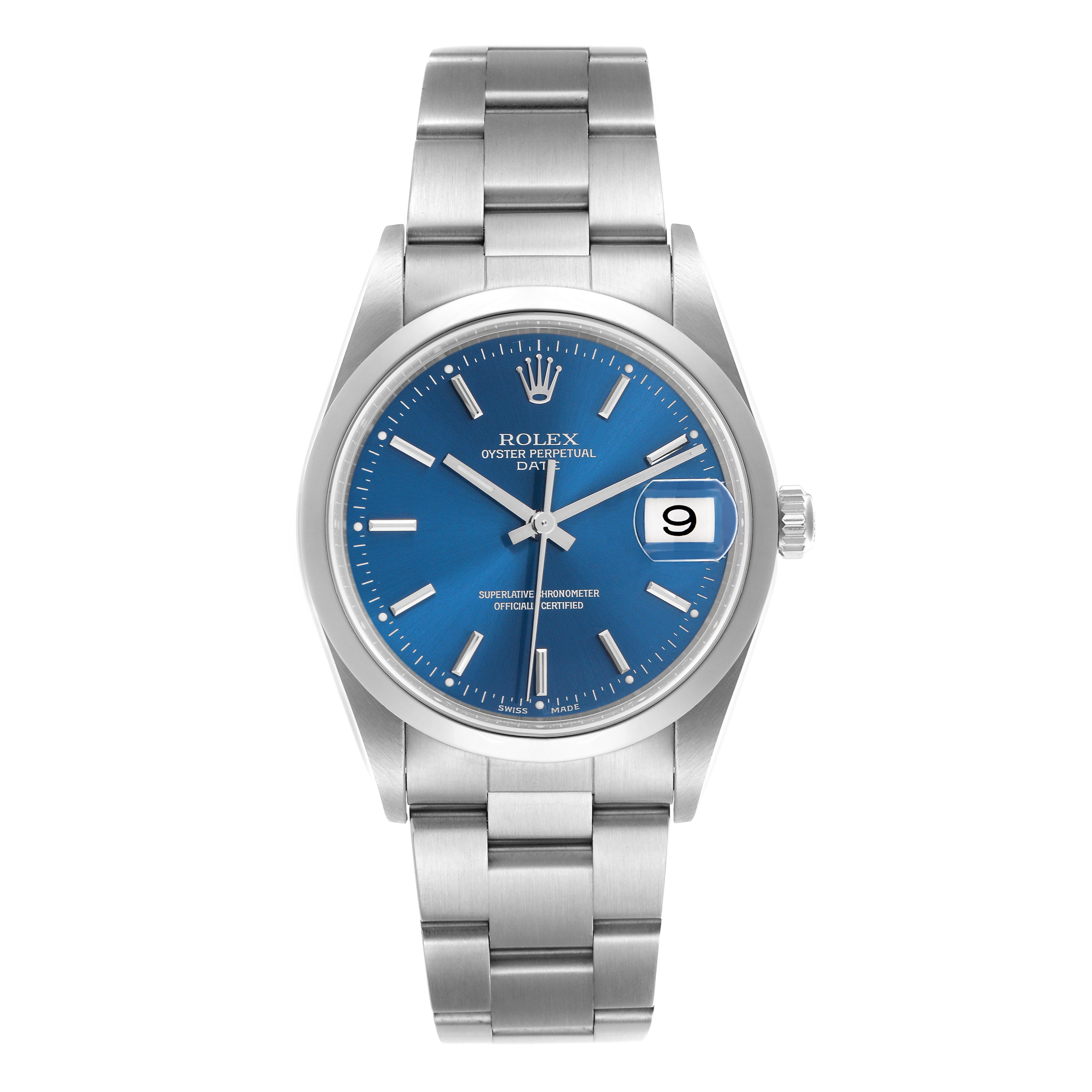 The Rolex Date 15200 Men
s Stainless Steel Blue Dial 15200 Men
s Stainless Steel Blue Dial watch is shown from the front, displaying the dial, bezel, and bracelet.