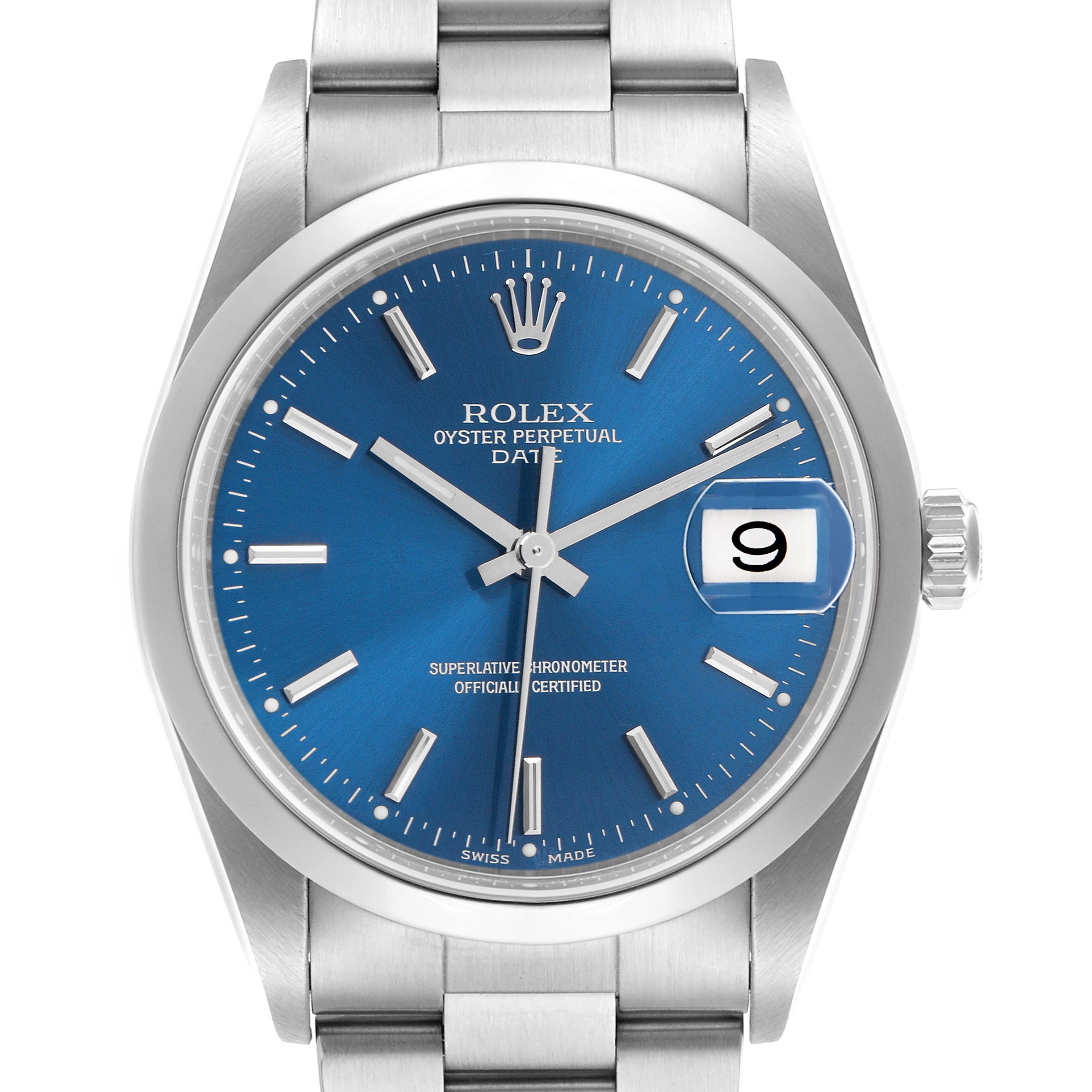 The Rolex Date 15200 Men
s Stainless Steel Blue Dial 15200 Men
s Stainless Steel Blue Dial model watch is shown from a front angle, displaying the dial, bezel, and a portion of the bracelet.