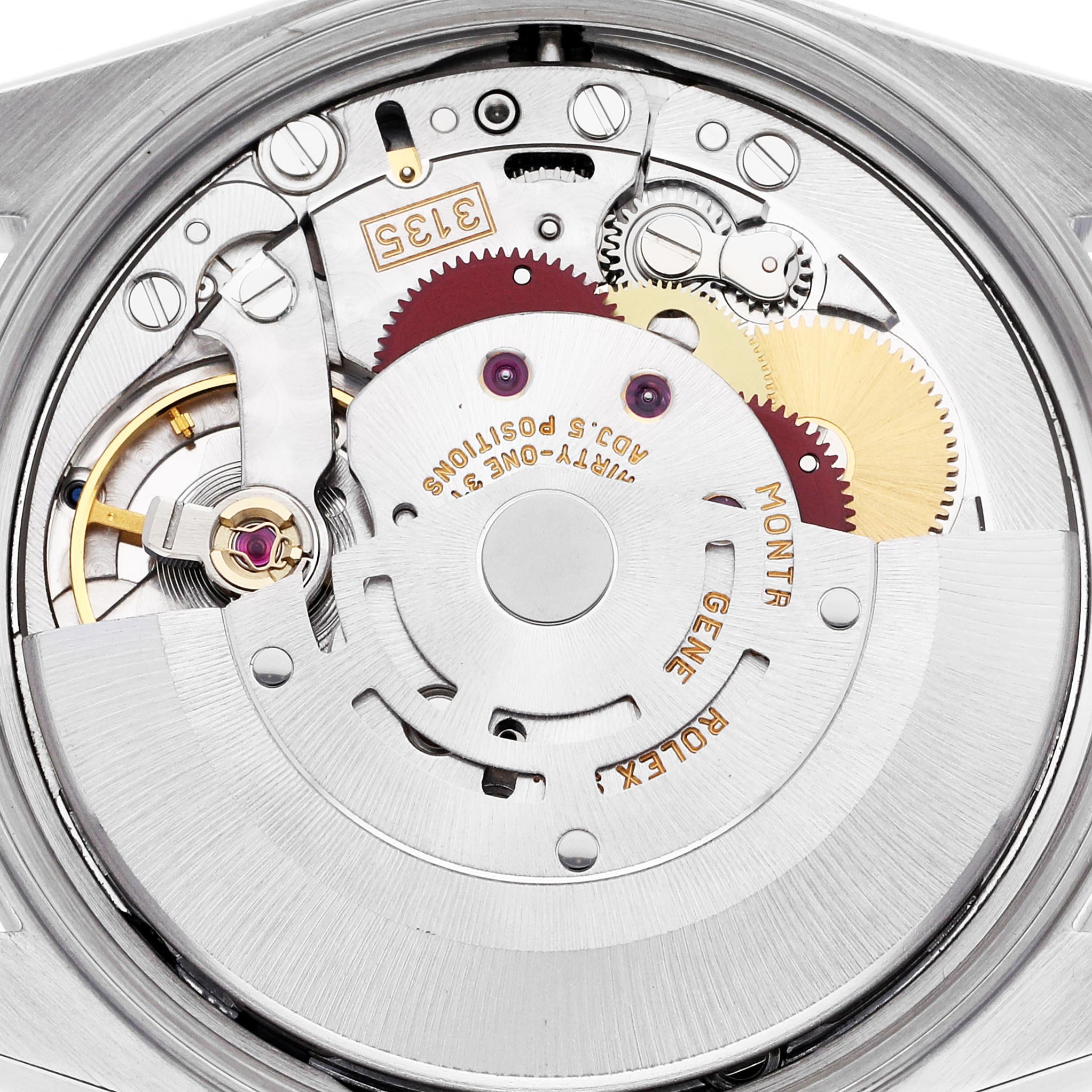 The image shows the movement of a Rolex Date 15200 Men
s Stainless Steel Blue Dial 15200 Men
s Stainless Steel Blue Dial model watch from the back, highlighting gears and mechanical components.